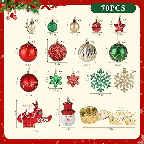 Miniatura 3 de DomeStar Juego de 70 adornos de bolas de Navidad rojas y verdes, grandes adornos de bolas de árbol de Navidad para colgar, inastillables, a granel,