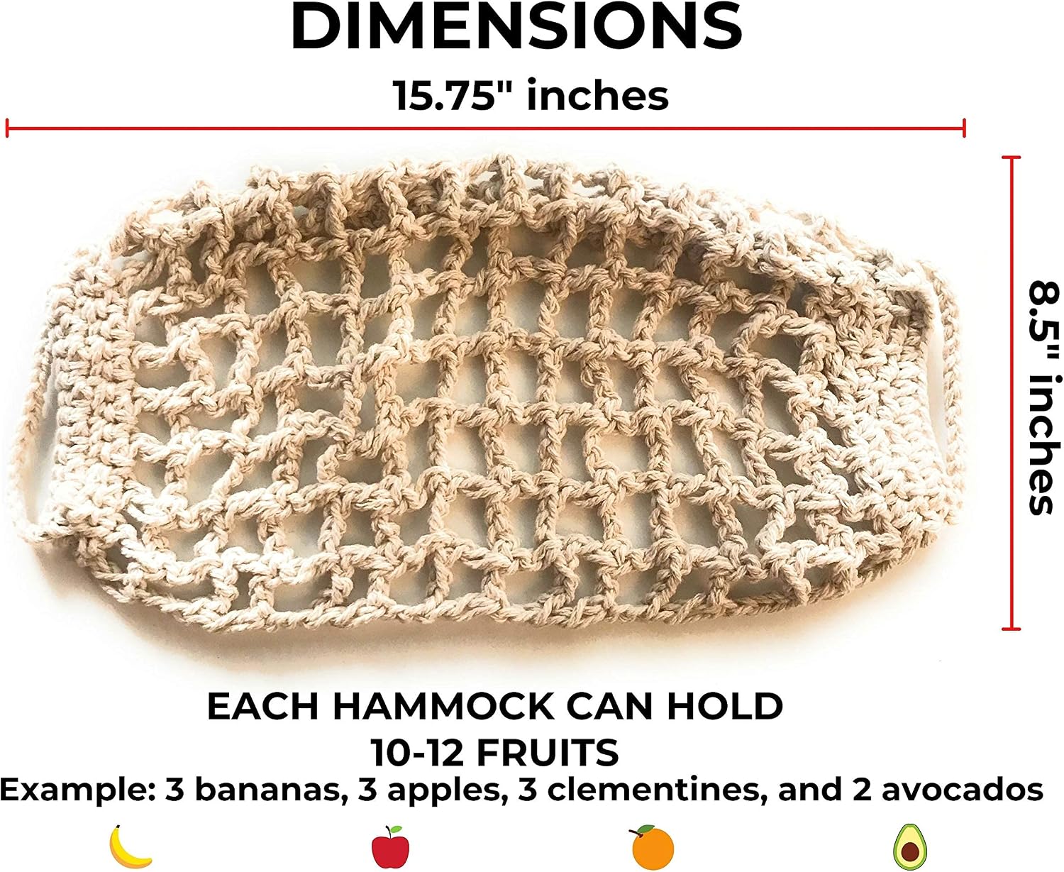 Hanging Fruit Hammock Under Cabinet, Macrame Cotton Hanging Basket, 2 Hooks
