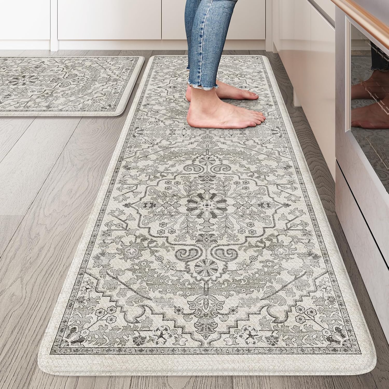 KIMODE Kitchen Mats Cushioned Anti Fatigue, 20"x47"+20"x32" Farmhouse Kitchen Rugs Sets of 2, Non Slip Kitchen Mats for Floor, Padded Kitchen Floor Mats for Sink, Laundry, Desk Grey 20" x 47"+20" x 32"--0.47 inches Light Grey/Multi