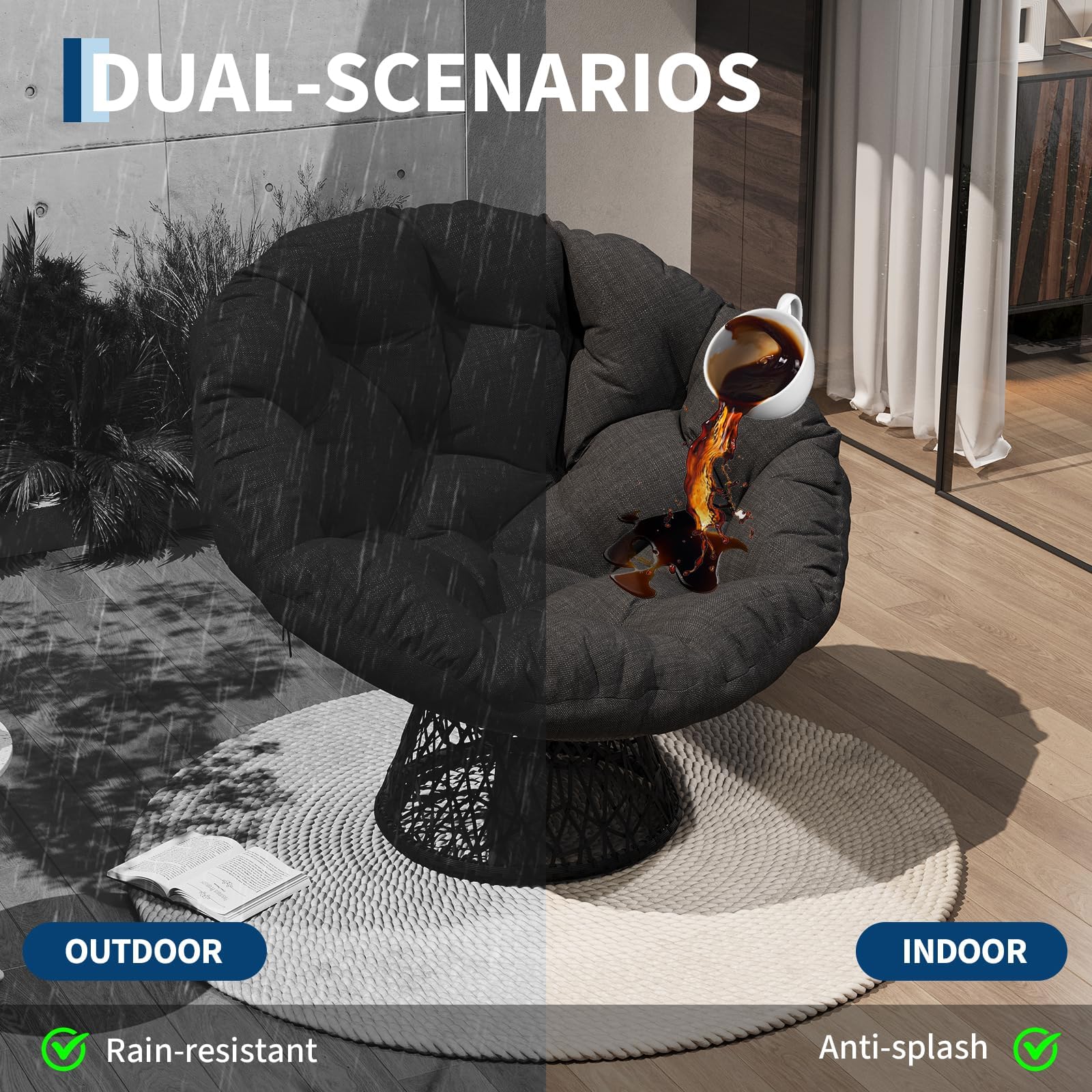 GarveeTech Silla Papasan Giratoria 360° de Ratán Sintético para Interior y Exterior – Sillón Relax Ergonómico con Cojín Grueso, Estructura de Acero Antióxido, para Jardín Terraza Balcón Salón, Gris