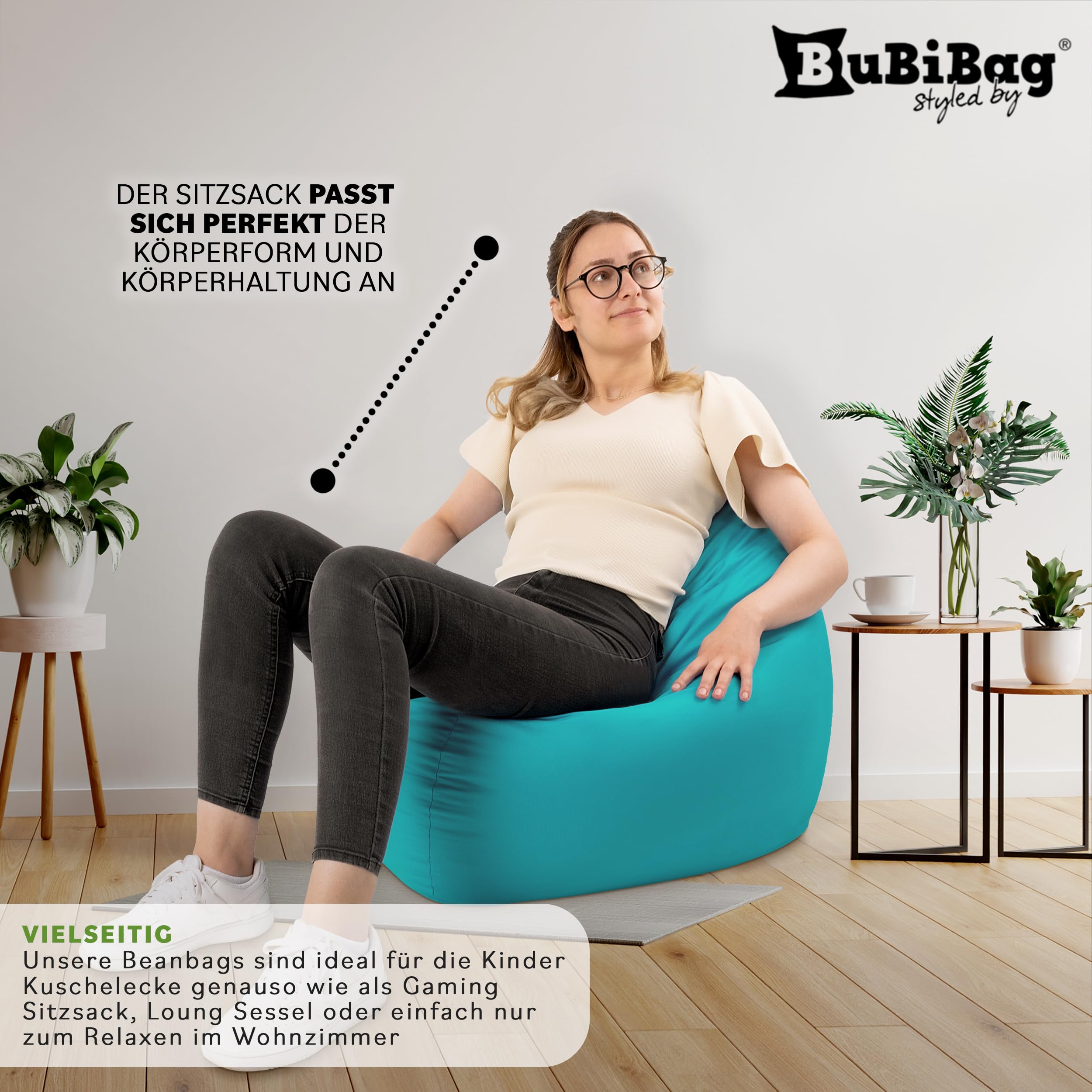 Premium 2-in-1 Sitzsack mit Füllung | Fußhocker | für Kinder & Erwachsene | Outdoor & Indoor | Sitzkissen | Bodenkissen | Wasser- & schmutzabweisend + Sitzpouf 35x35x35cm (Türkis, 145 CM + Sitzspouf)