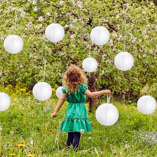 Miniatura 5 de Treela Paquete de 90 faroles de papel chinos japoneses blancos decorativos colgantes de bola, faroles redondos de papel para bodas, fiestas de