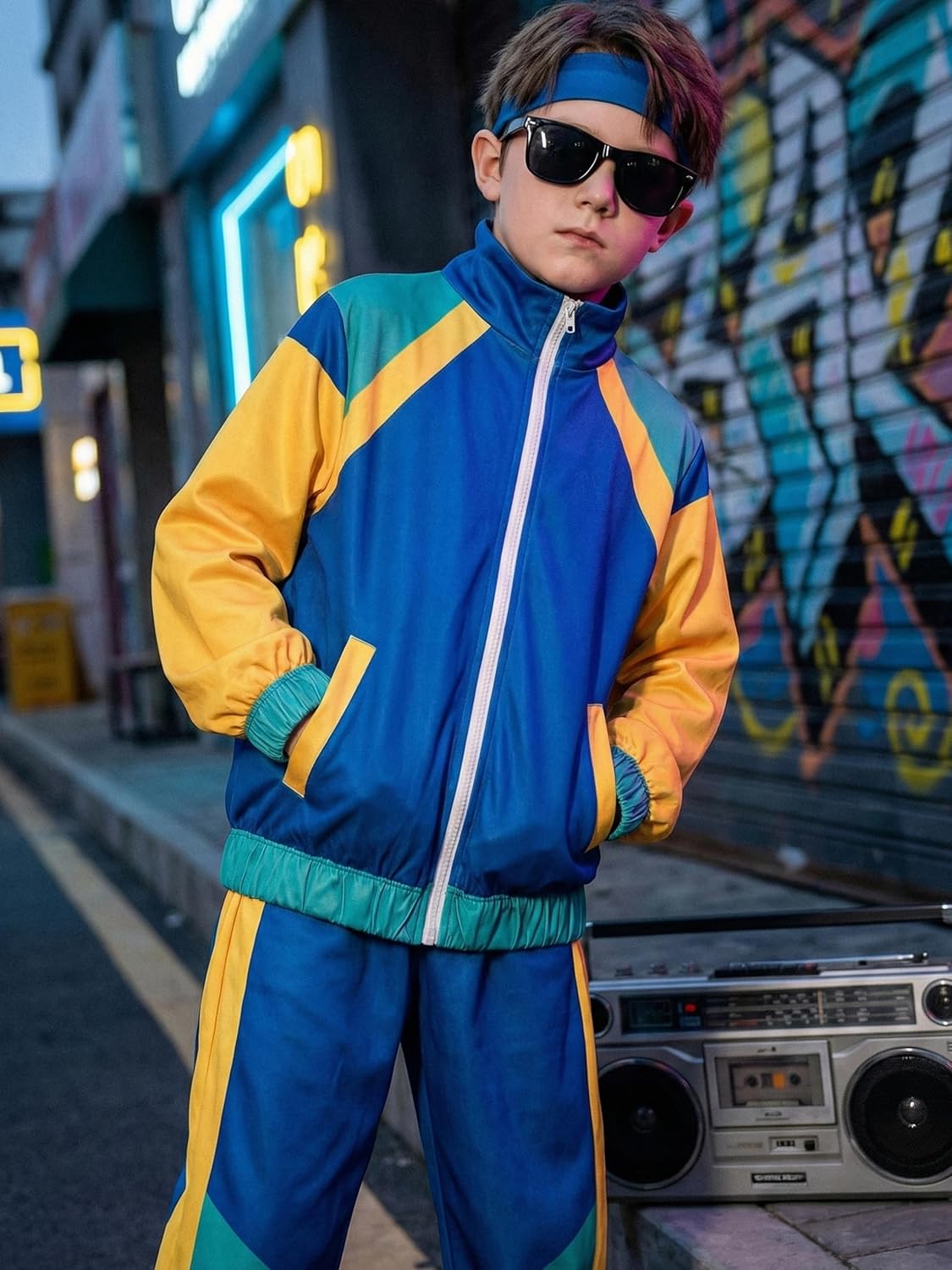 Kids 80s Tracksuit Hip Hop Costume Retro Sportswear Sets 80s Colorblock Jacket Outfits for Boys Girls - Image 7