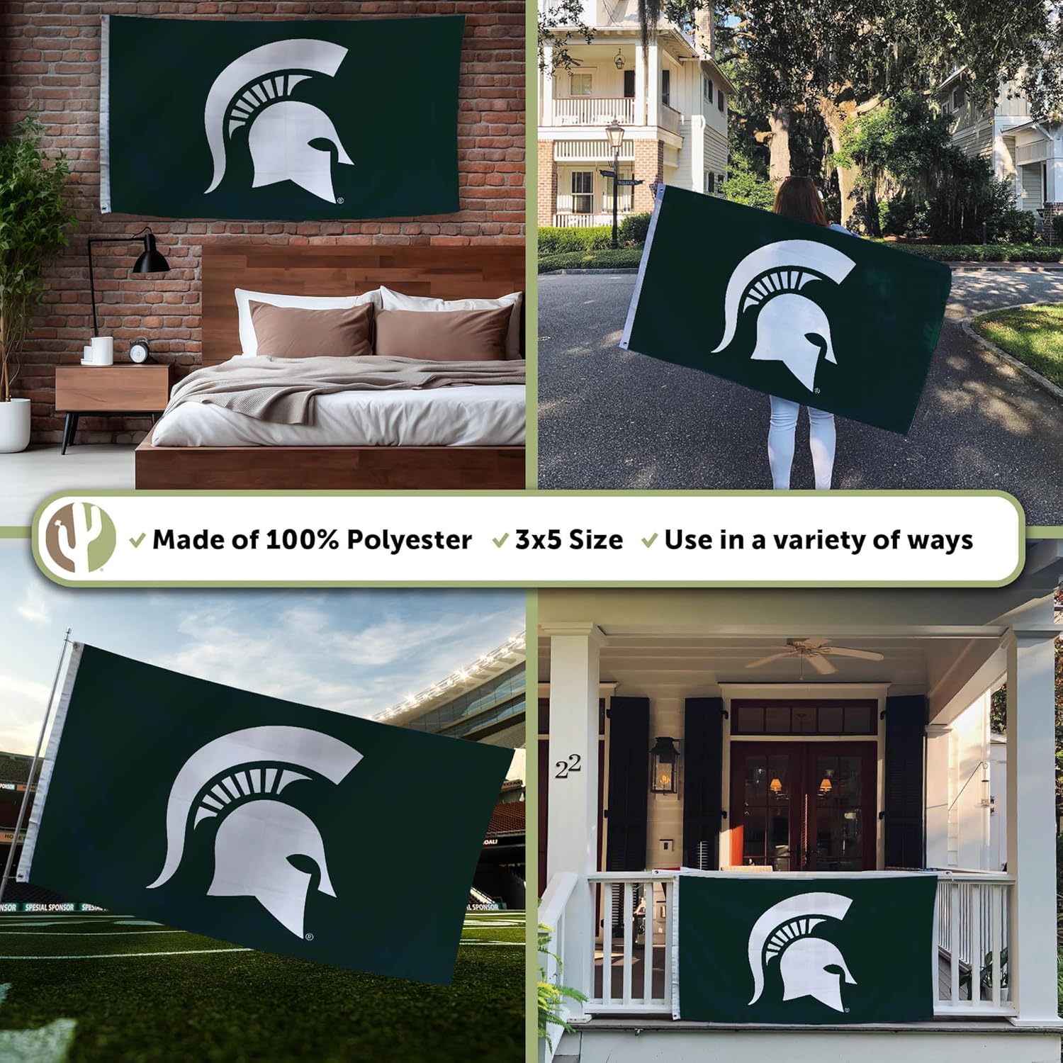 Desert Cactus Michigan State University MSU Flag - 3 x 5 Feet Spartans Banner, Indoor/Outdoor Durable Fabric, 100% Polyester Design (Style 1) - Image 3