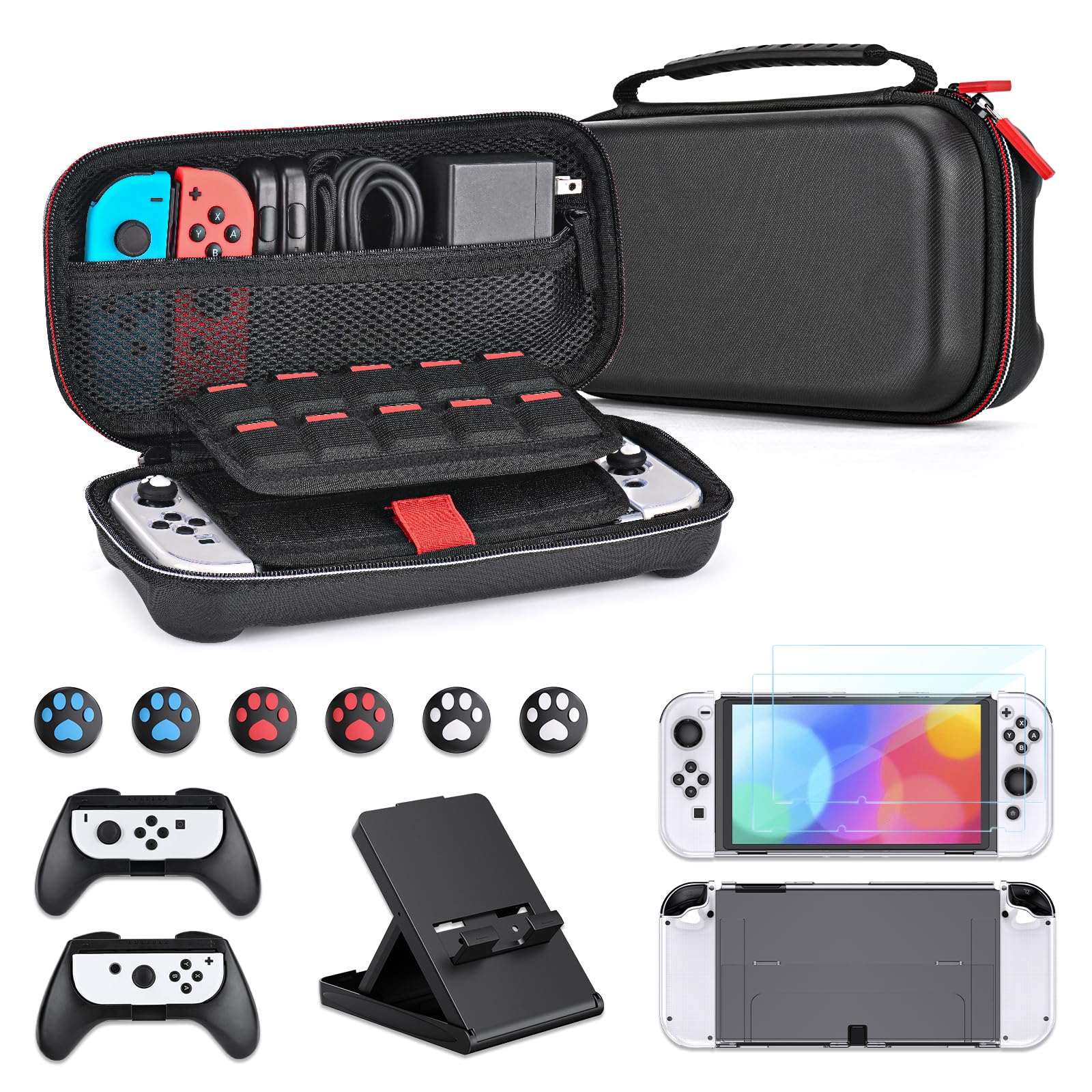 Younik Kit de Accesorios para Switch OLED, 15 en 1 con Estuche para Switch, Soporte Ajustable, 2 Protectores de Pantalla, 2 agarres y 2 Fundas Protectoras de TPU para los J-con