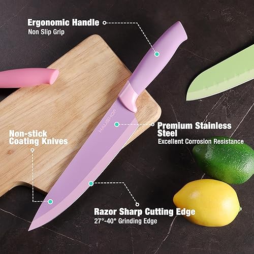 Miniatura 5 de HAUSHOF Juego de cuchillos de cocina con tira magnética para cuchillos para pared, juego de 6 cuchillos coloridos para cocina, cuchillas de acero