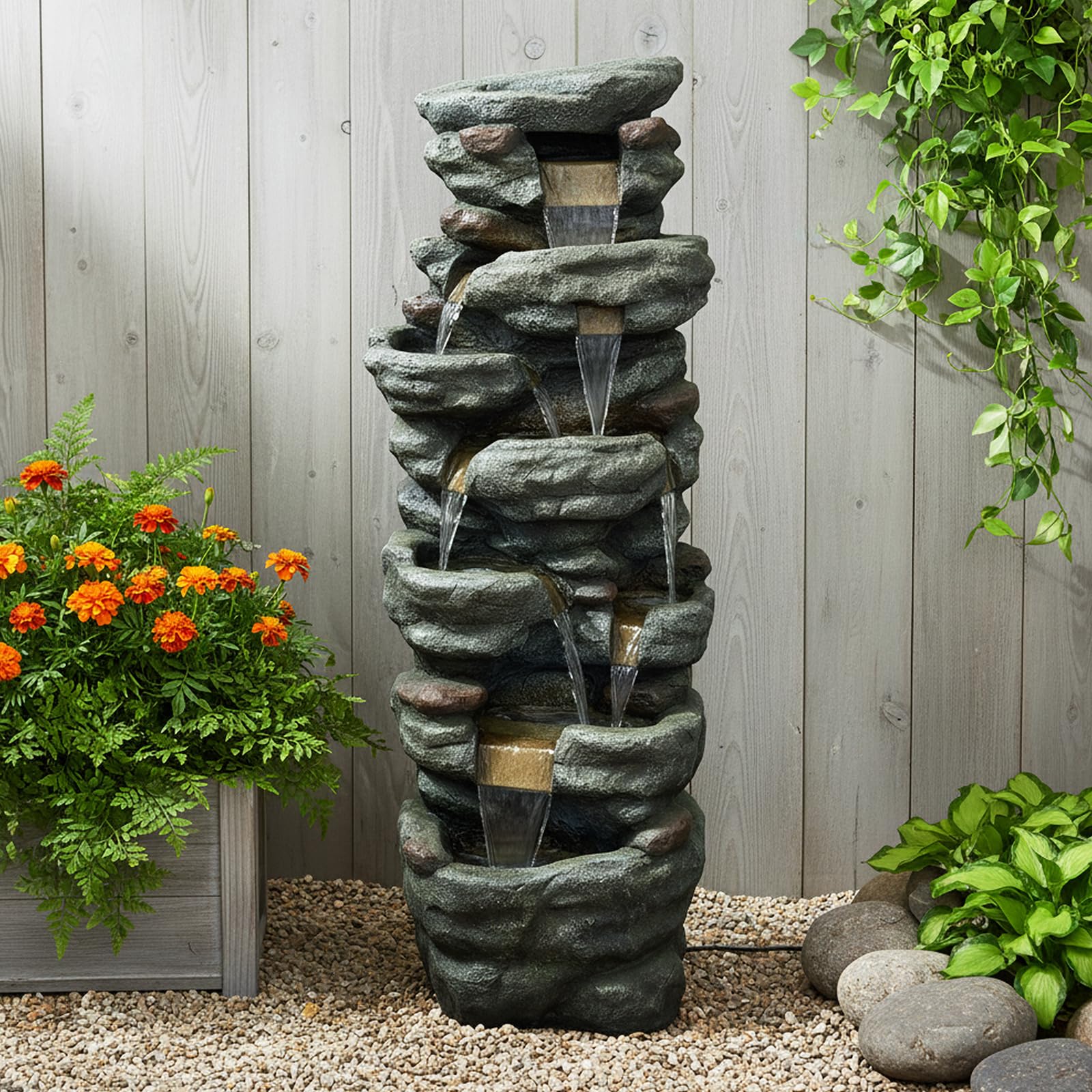 SunJet 51 Inch High Multi-Tiers Cascading Rock Outdoor Water Fountain with LED Lights