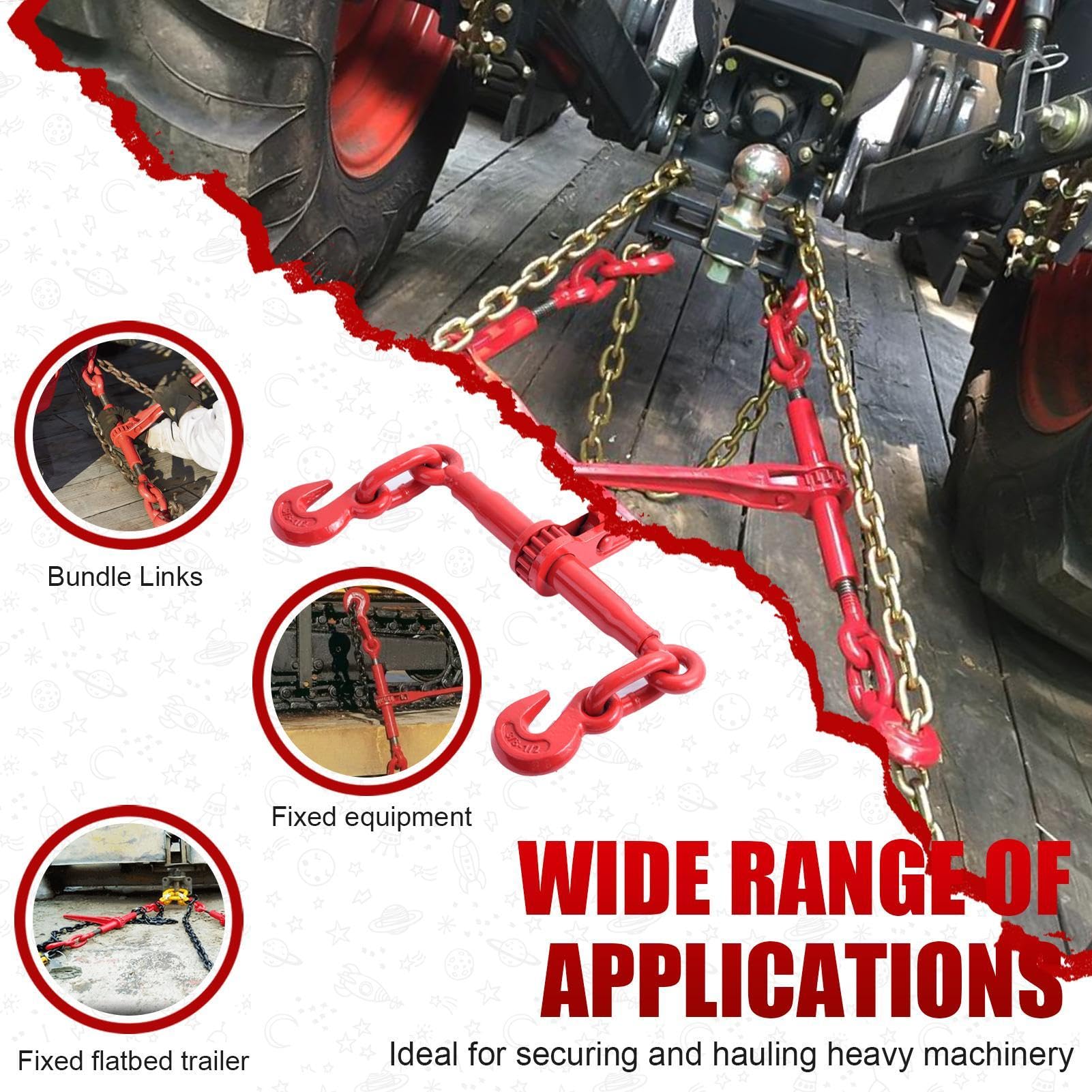 Chain and Binder Set | Binder Chain with Hook Chain Binder,Ratchet Chain Binder, Wire Ratchet Tensioner for Machinery, Agriculture, Transportation