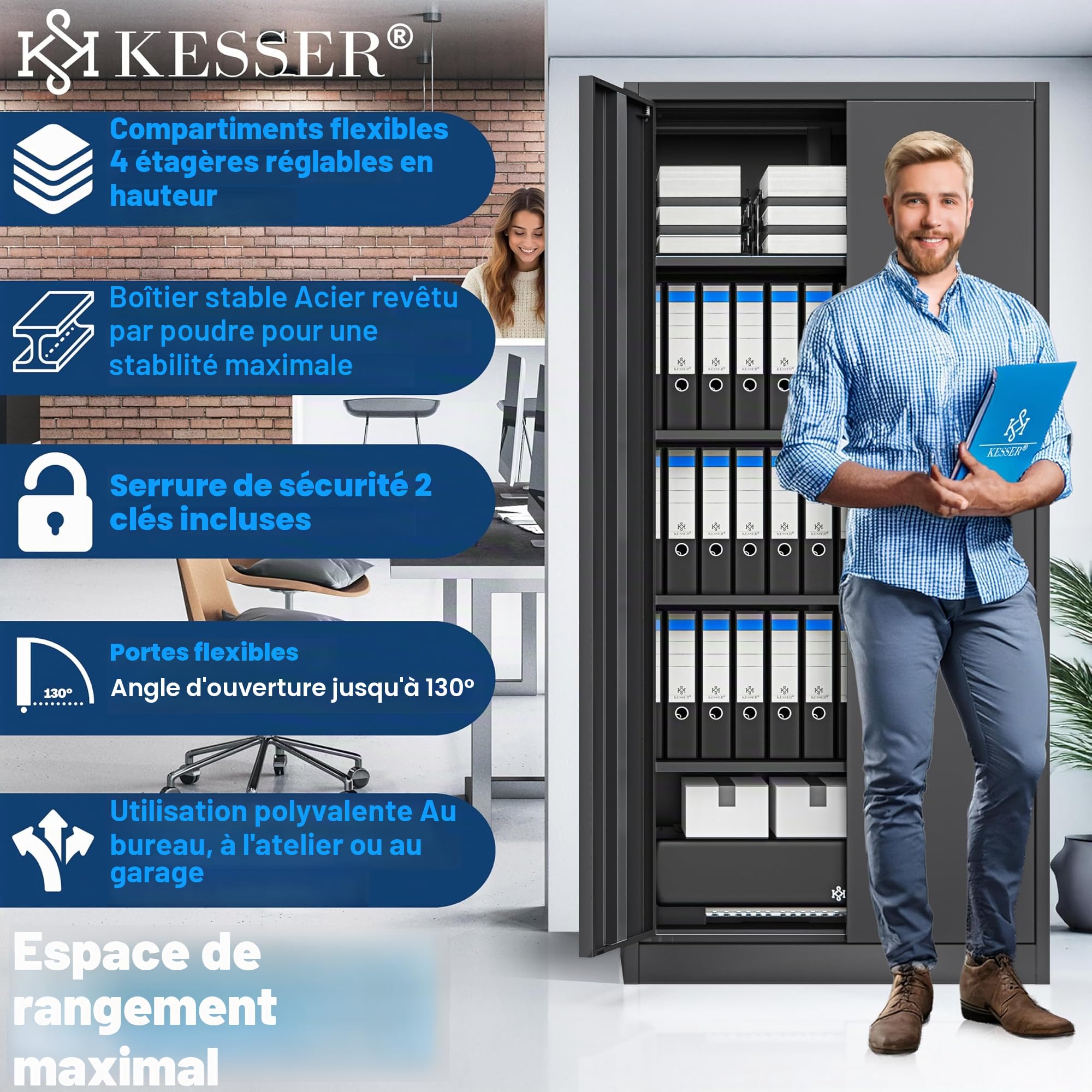 KESSER® Armoire de classement verrouillable avec portes battantes 180 x 80 x 40 cm | Armoire de bureau en acier avec 4 étagères réglables en hauteur | Armoire multi-usages, 5 compartiments flexibles