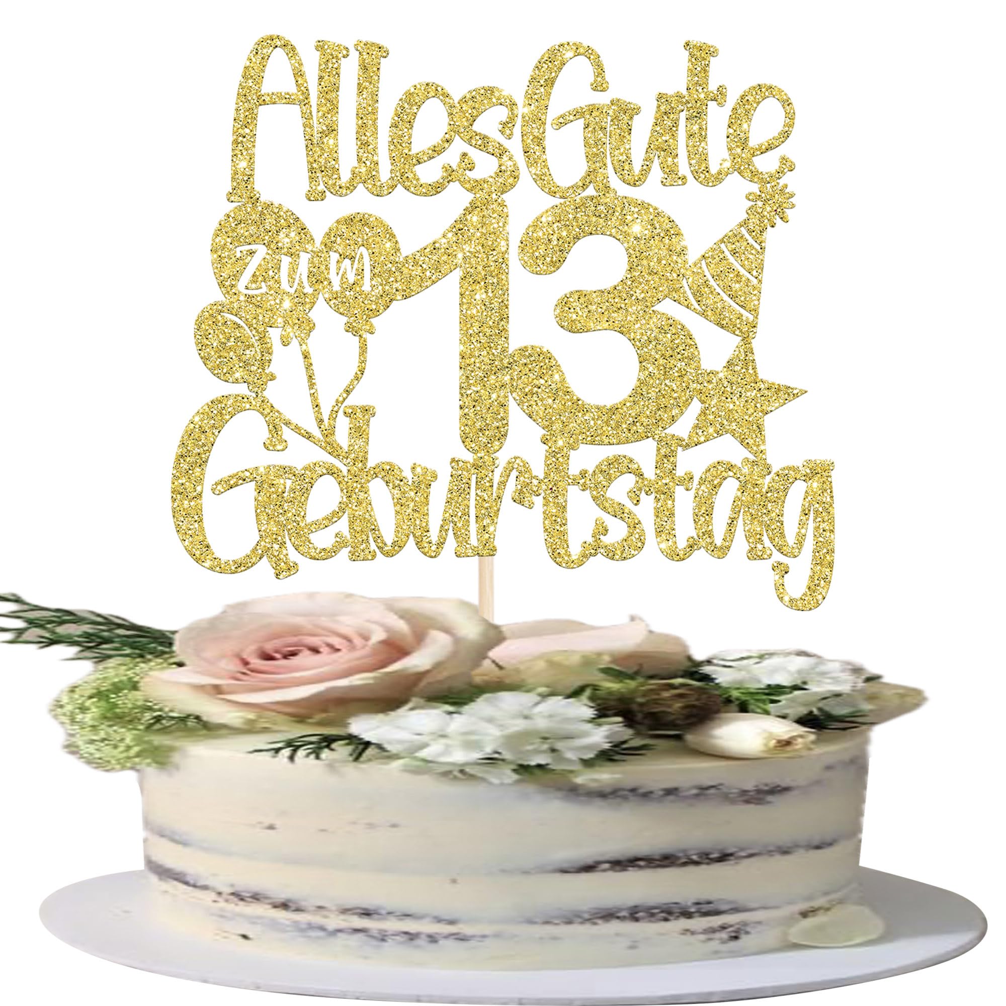 1 Stück Alles Gute zum 13 Geburtstag Tortendeko 13th Luftballon Hut Muster Kuchen Deko Happy Birthday Cake Topper für Junge Mädchen 13th Geburtstag Party Kuchen Dekoration Gold
