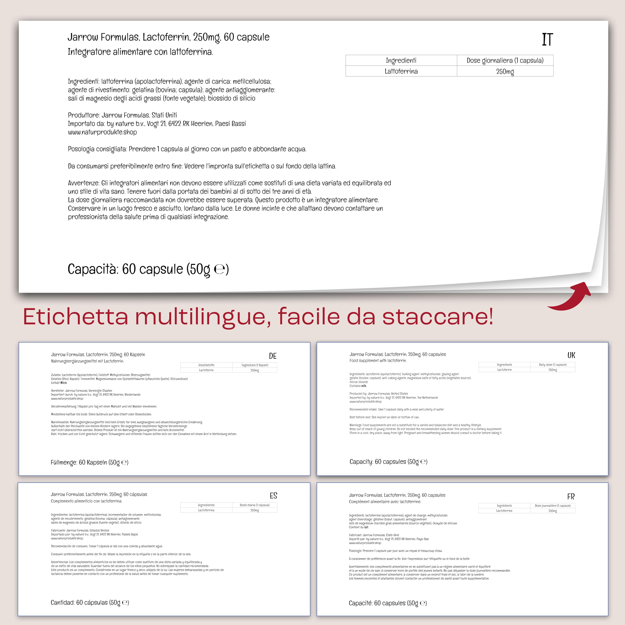 Jarrow Formulas, Lactoferrin (Apolactoferrina), 250mg, 60 Capsule, Testato in Laboratorio, Senza Soia, Senza Glutine, Non OGM