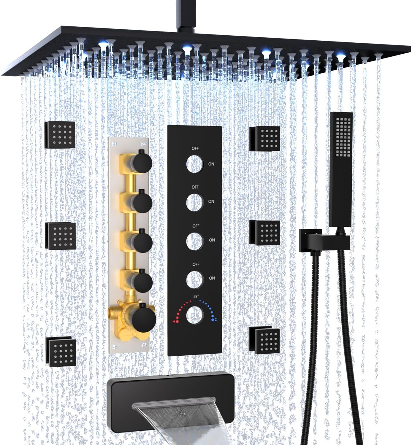 HOMEDEC 12 Inch Rainfall Shower System with Up/Down Waterfall Bathtub Spout and 6 Pcs Body Sprays, 4 Way Thermostatic Valve Can Work Together, Black