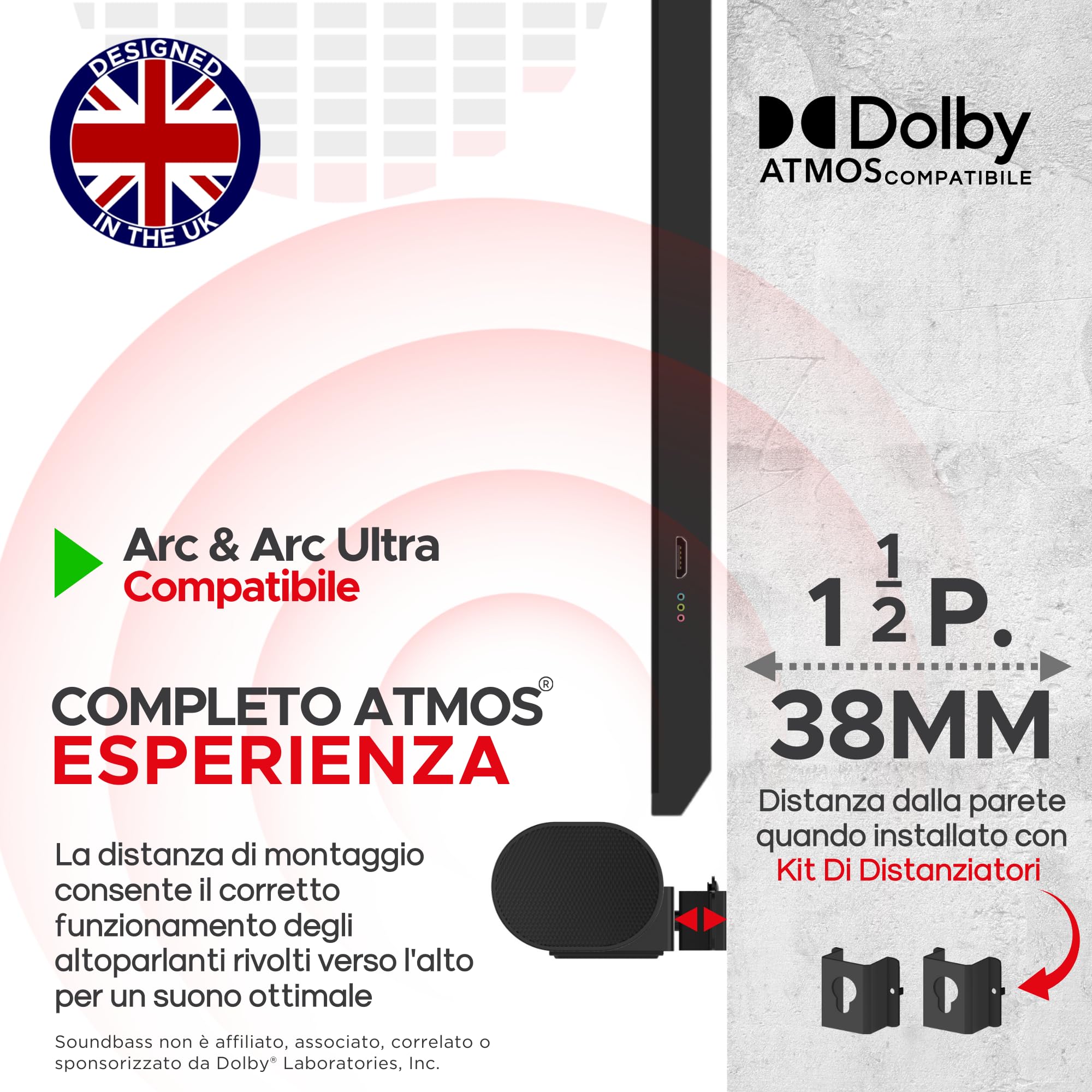 Sound bass Staffa da parete per Arc Soundbar, nera | Compatibile con Sonos Arc e Arc Ultra, profondità regolabile, kit completo, progettato nel Regno Unito