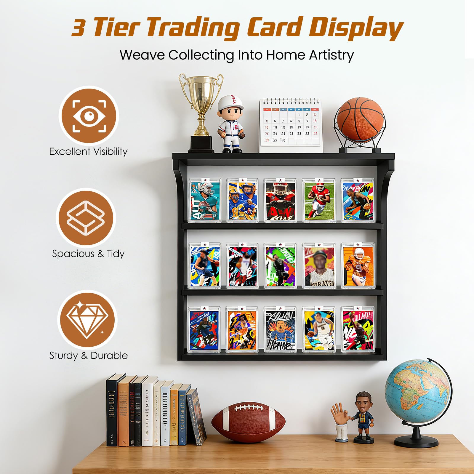 Porte-Cartes Mural en Bois, 3 Étages Présentoir à Carte - avec étagère supérieure Polyvalente, Présentoir pour (Football, Baseball, Basket-Ball), 15+ Cartes, Noir