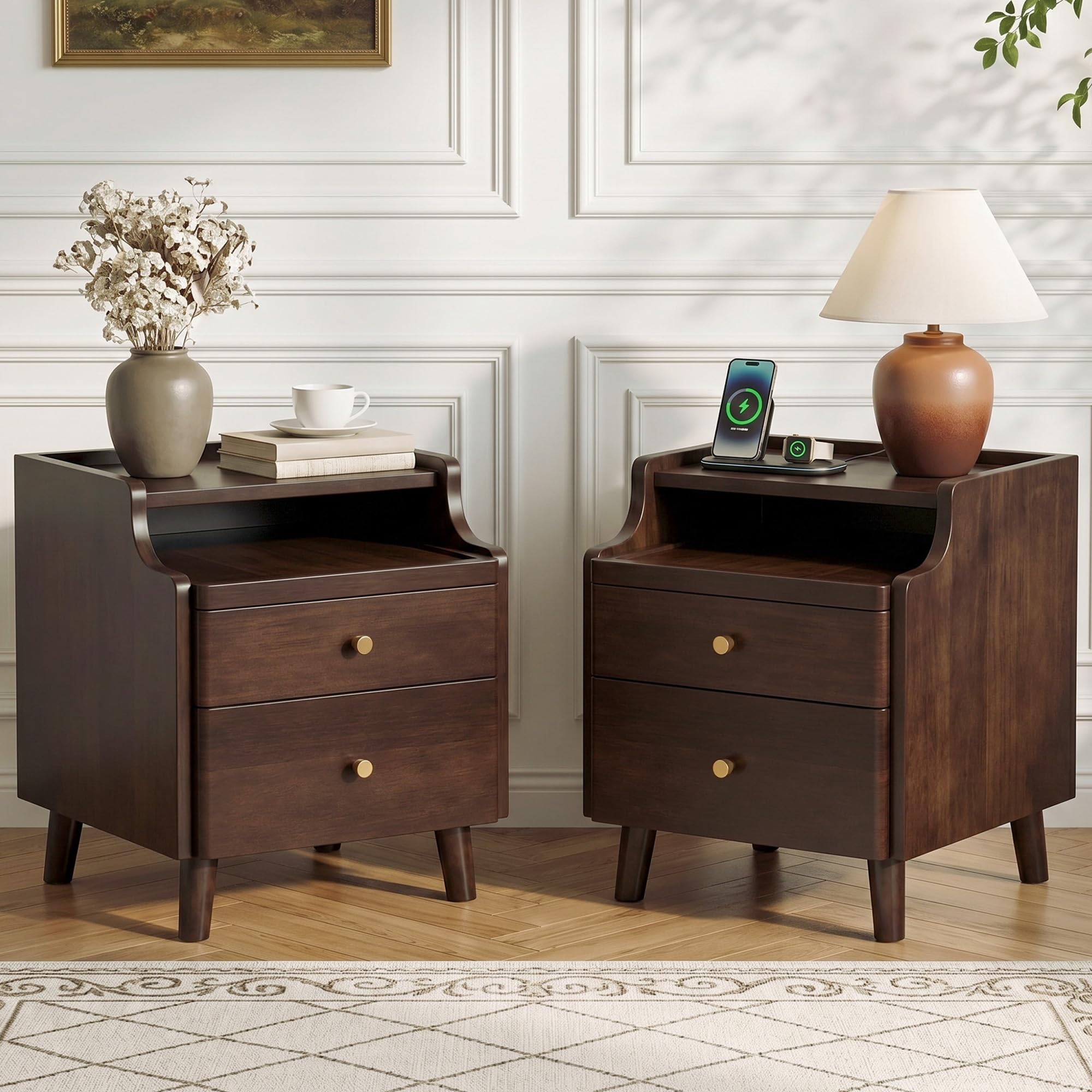 HOCAT Pre-Assembled Solid Wood Nightstand Set of 2, 19.69H