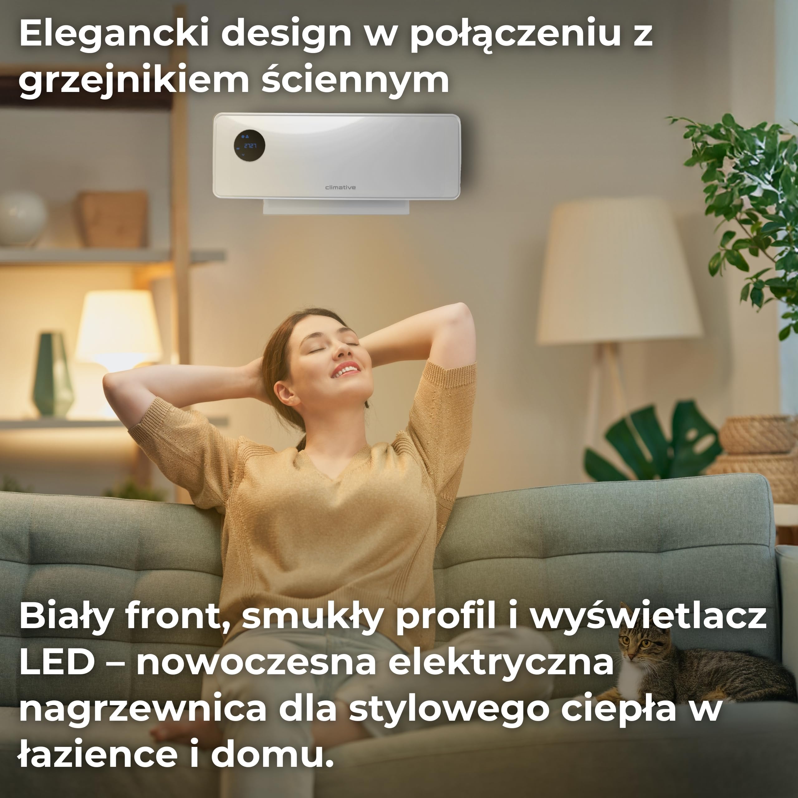SwingAir 2000W biały wentylator ścienny – elektryczna ceram. nagrzewnica z oscylacją, LED, timer 24h, grzejnik łazienkowy, ścienna ogrzewnica