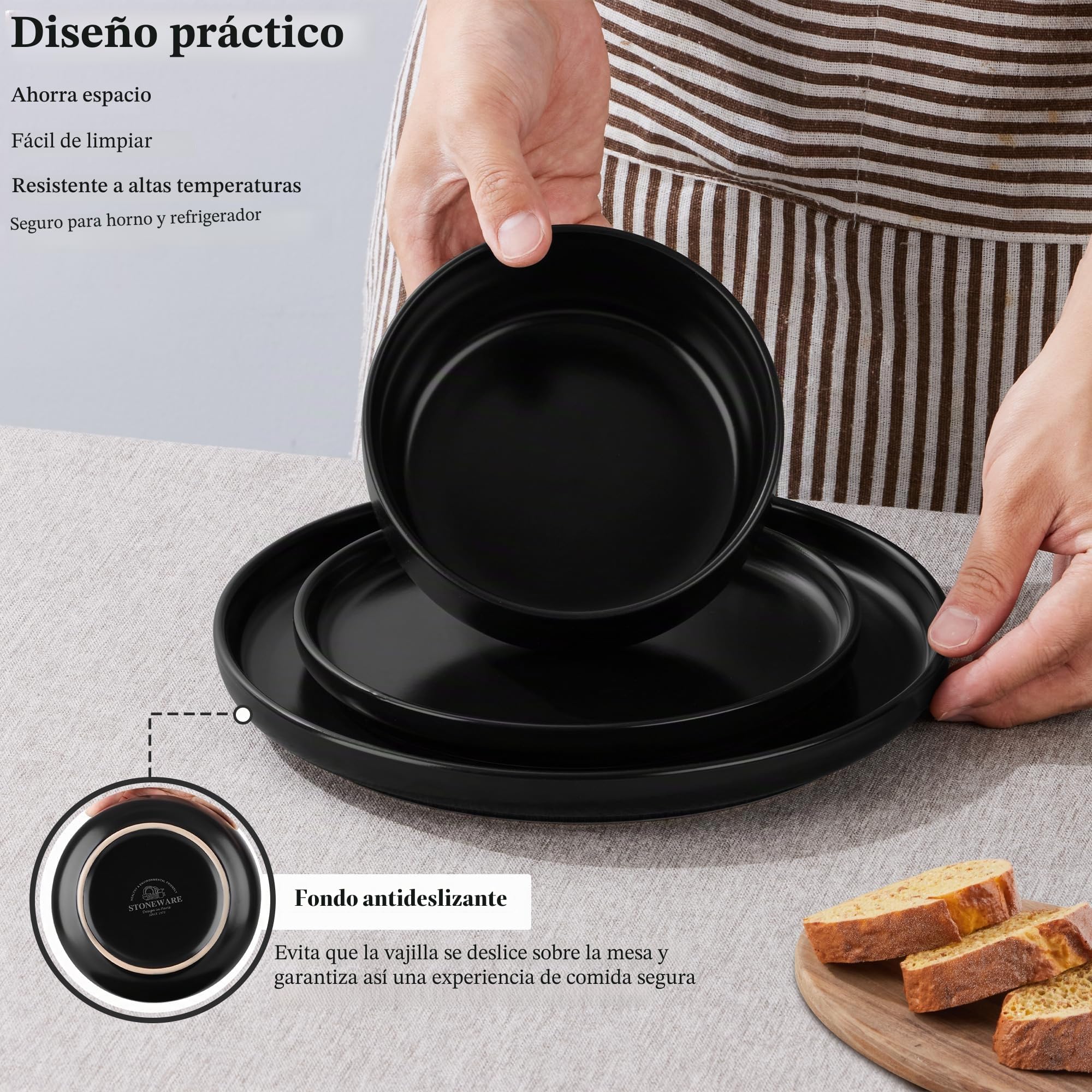 Joyfair - Vajilla para 6 personas, 18 piezas, de gres, esmaltado reactivo con platos planos, platos de postre, cuencos para cereales, apto para microondas y lavavajillas, negro Abyssal