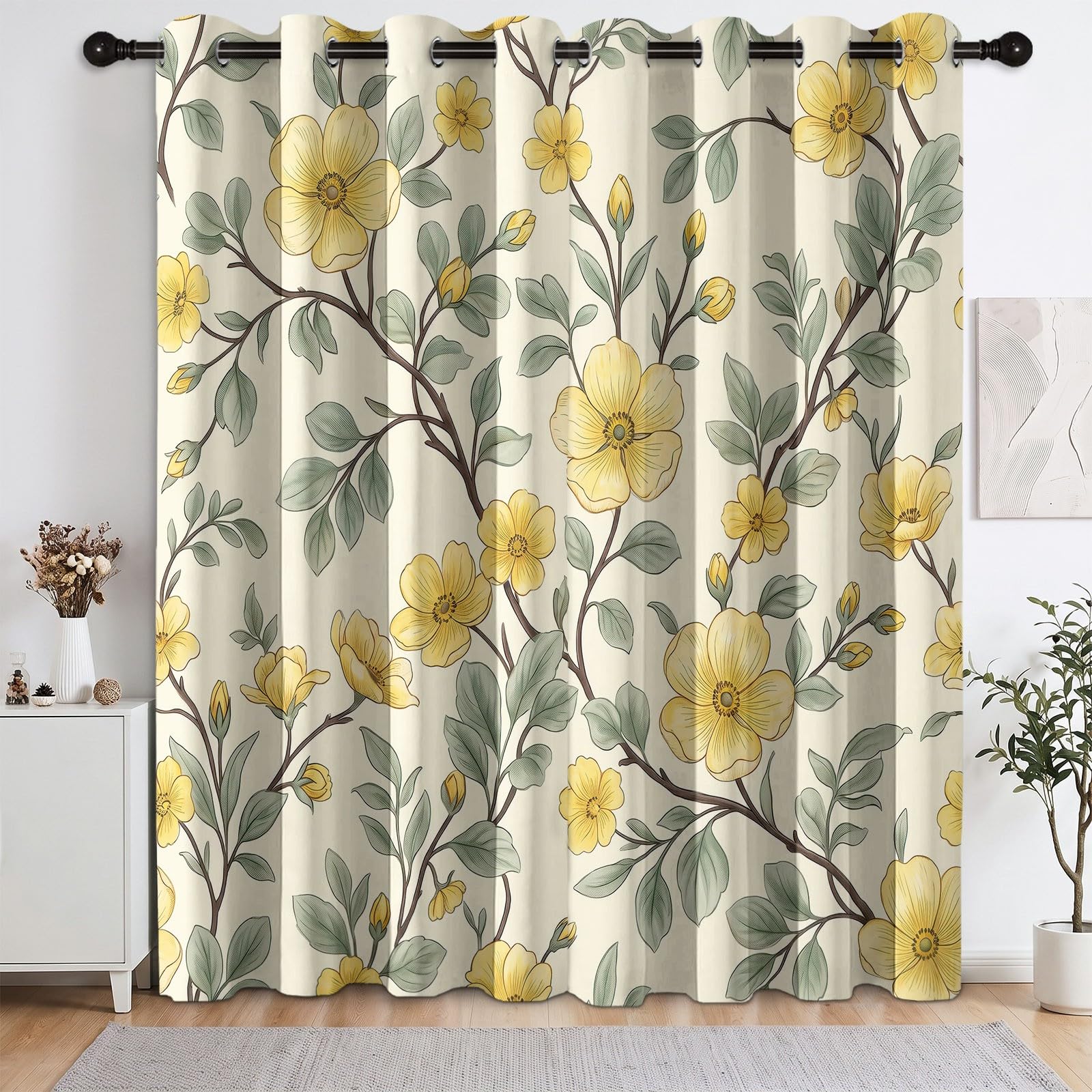 Botaniczne kwiatowe zasłony zaciemniające do sypialni, 2 panele szer. 117 x dł. 137 cm, kwiatowe zielone liście, zasłony zaciemniające do salonu, zasłony z oczkami, izolacja termiczna, dźwiękoszczelne