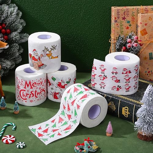 Vista 2 de COHEALI 5 rollos de papel higiénico con texto en inglés "Merry Christmas" con diseño de Papá Noel, toallas de papel desechables con diseño temático