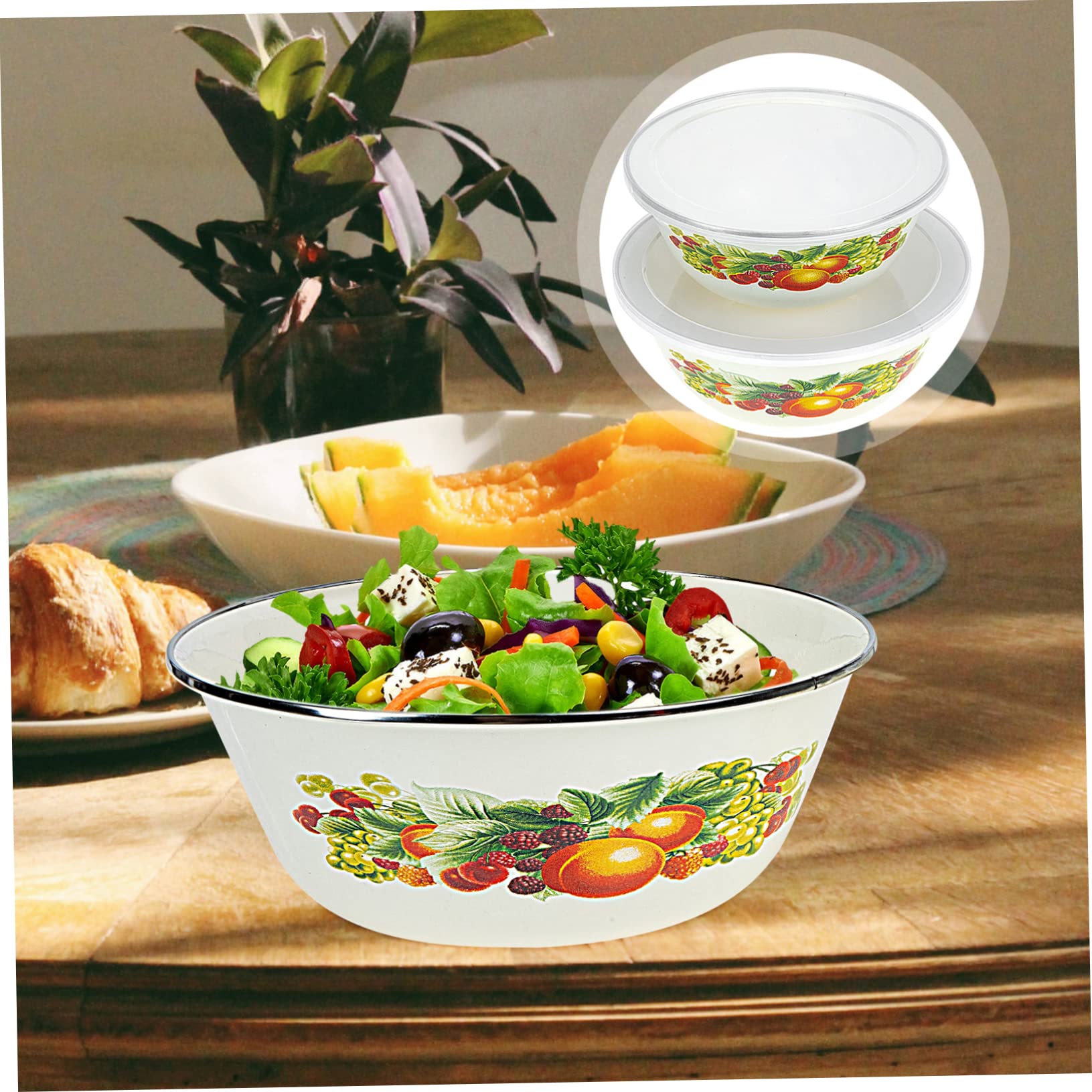 4 juegos de cuencos esmaltados con tapa, cuencos de acero inoxidable, cuencos para sopa con tapa, recipiente con tapa, esmaltado, lavabo, ensalada redonda, recipiente para pasta, recipiente de metal
