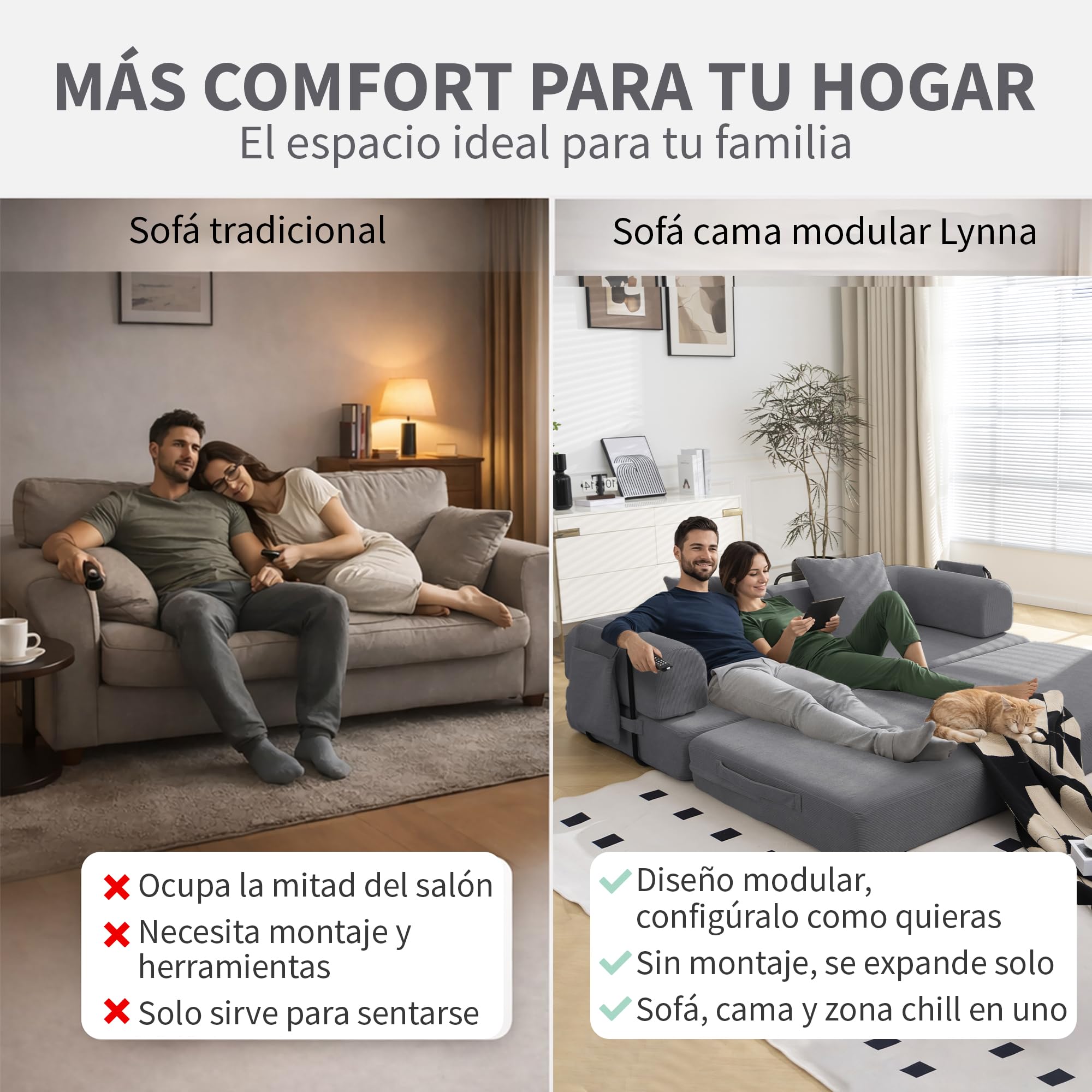 Lynna Sofa Cama 3 plazas sin Montaje – Sofa Modular autoexpandible Convertible en Cama Doble Grande, cómodo y versátil para Salones Modernos y Pisos pequeños, 200x94x70 cm (Gris Oscuro)