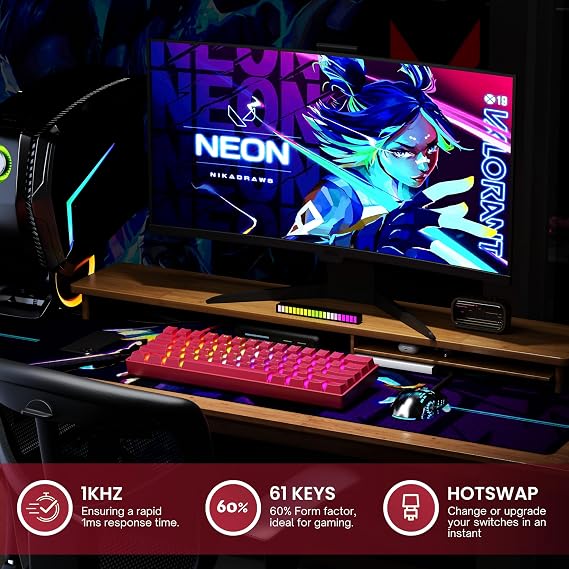 HK GAMING GK61 60% v3 | Hotswap Mechanical Gaming Keyboard | 61 Keys Multi Color RGB LED Backlit for PC/Mac Gamer | US Layout (Pink, Gateron Optical Red)