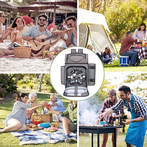 Miniatura 5 de Hap Tim Mochila de canasta de pícnic, soporte para vino, manta de forro de vellón y juego de cubiertos, perfecta para la playa, viajes de día, Gris