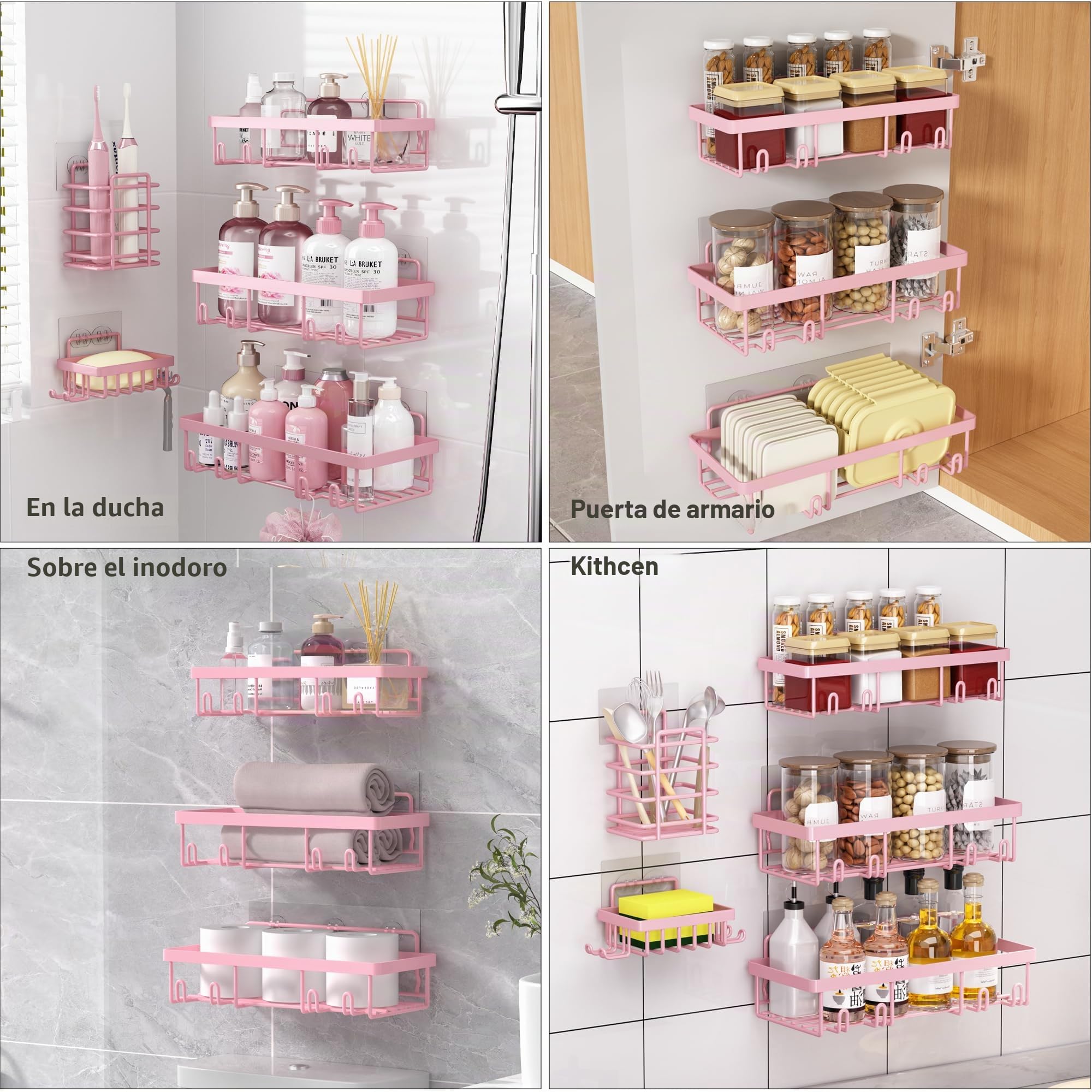 Liuoud Paquete de 5 estantes organizadores de ducha para regadera interior, cesta de almacenamiento adhesiva de pared de baño de acero inoxidable, soporte de champú de acero inoxidable, juego de