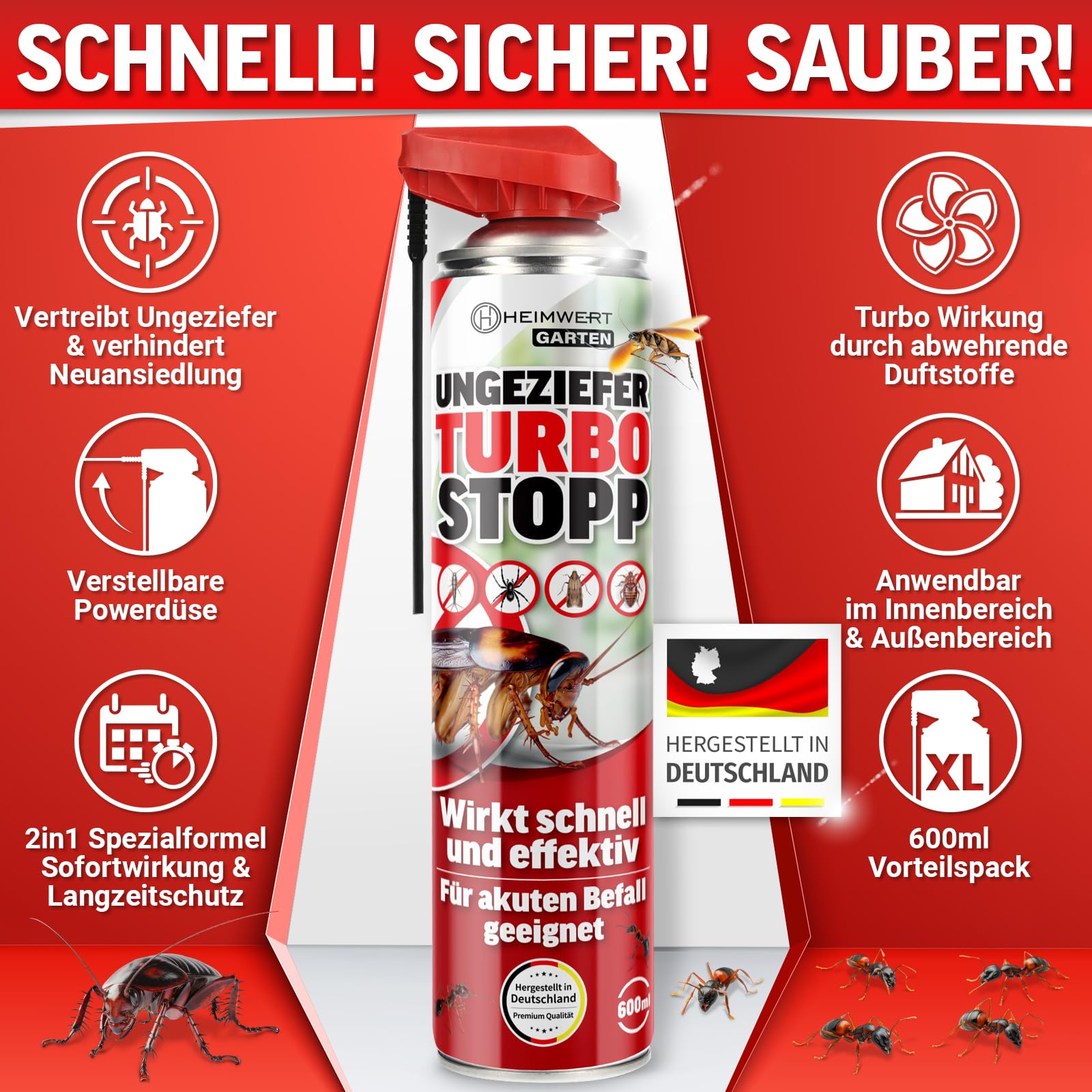 HEIMWERT Insektenspray Akut gegen Ungeziefer – Sofortige Wirkung mit Langzeitschutz gegen Ameisen, Mücken, Fliegen, Silberfische, Spinnen uvam - Spray Mittel für Wohnung + Garten 600 ml (2x600ml)