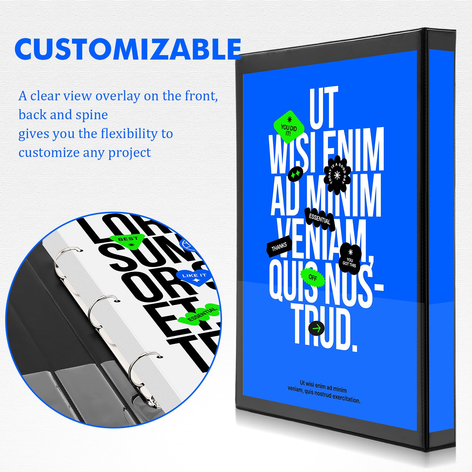 Sinload 3 raccoglitori a 3 anelli da 27,9 x 43,2 cm, con tasche, cartella per presentazioni, con copertina trasparente personalizzabile per documenti, file e progetti, nero