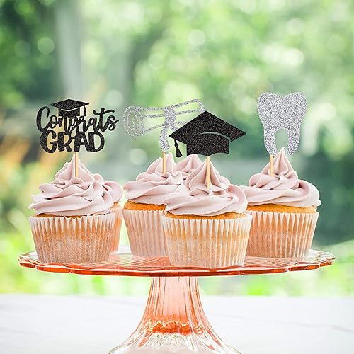 Miniatura 6 de Ercadio Paquete de 24 adornos para cupcakes de graduación de dentistas, color negro y plateado con purpurina, felicitaciones, dientes de graduación,