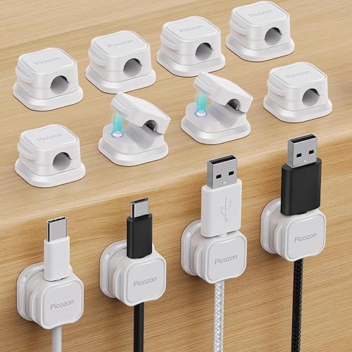 Picozon - Paquete de 12 soportes magnéticos para cables, organizador de cables adhesivos Picozon para teléfono, cargador USB, organizador para