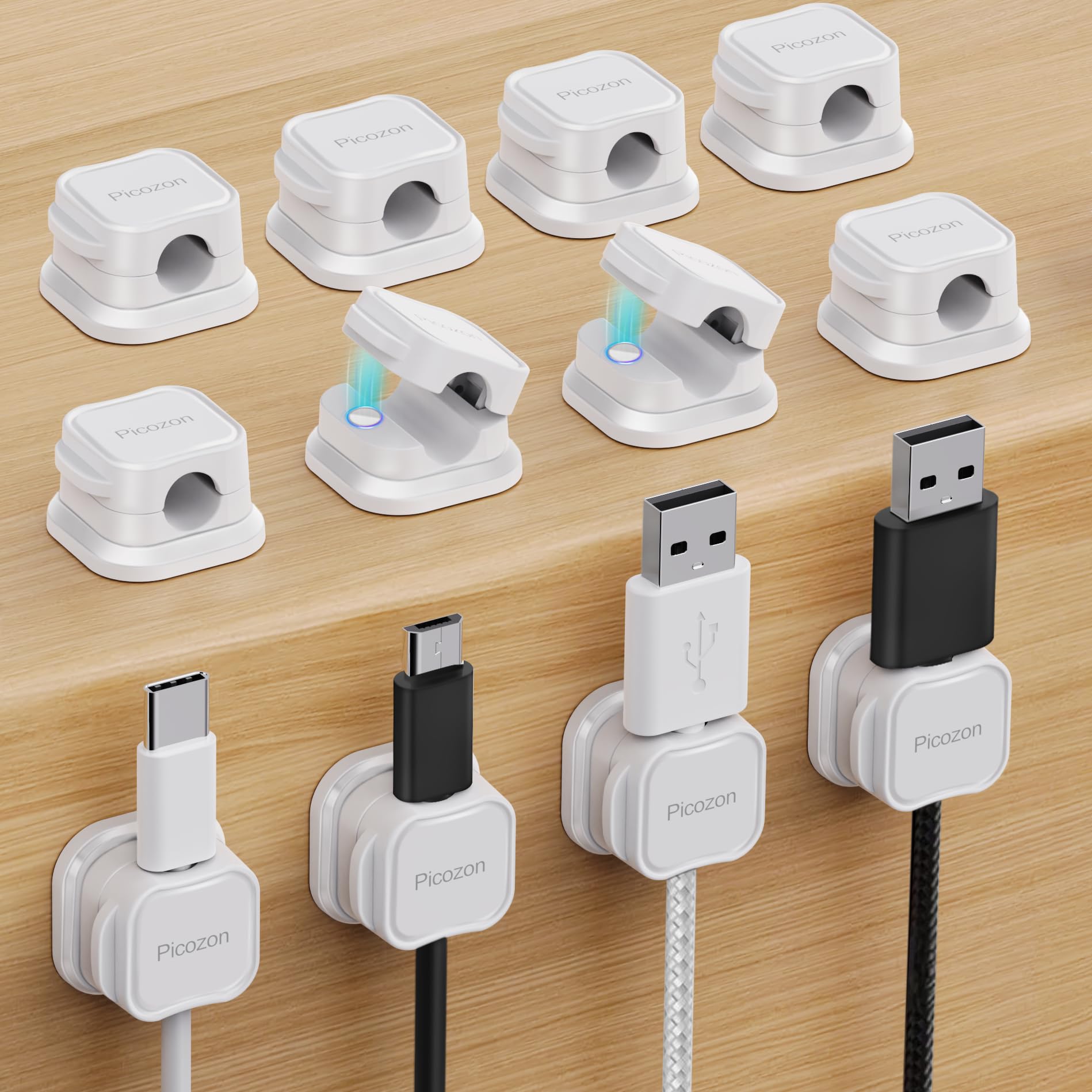 Picozon - Organizador de cables magnético (12 unidades), adhesivo, para teléfono, cargador USB, oficina, hogar, escritorio, mesa, color blanco