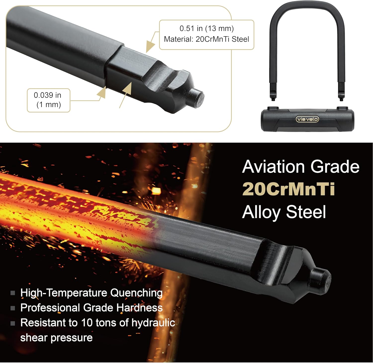 Via Velo Bike U Lock | Via Velo Elite Short U Lock 20CrMnTi Steel Anti-Theft 17mm Shackle Inside Size: 4.7 x 5.7 in Sold Secure Diamond Approval for Electric Bikes, Scooters & Folding Bikes