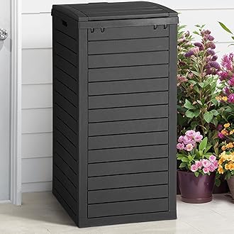 DWVO 38 Gallon Large Outdoor Trash Can, Waterproof Resin Hideaway Garbage Bin with Lid and Drip Tray, Outside Trash Bin for Porch, Backyard, Deck, Patio, Poolside, Easy to Clean, BlackGlobal Recycled StandardGlobal Recycled StandardGlobal Recycled Standard