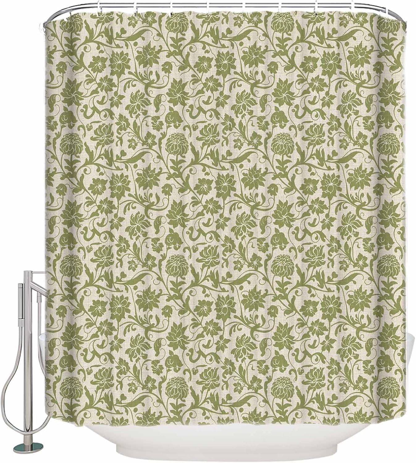 Vintage Botanical Green Shower Curtain Set - 36" x 78" Washable Bathtub Curtain with 12 Hooks, Farmhouse Ethnic Floral Waterproof Fabric Stall Shower Curtains for Bathroom/Bathtub Décor