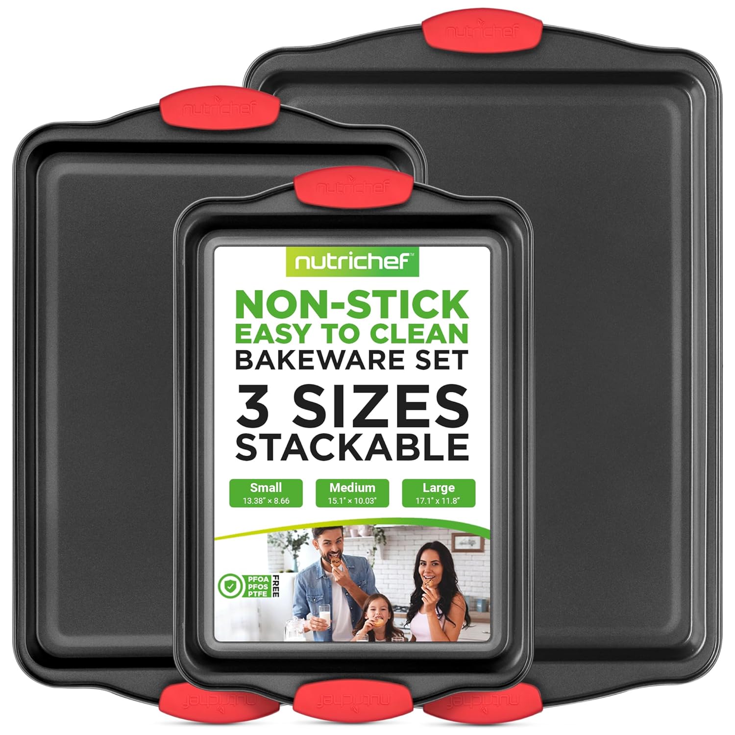 NutriChef 3-Piece Nonstick Kitchen Oven Baking Pans - Premium & Stylish Non-Stick Steel, Commercial Grade Restaurant Quality Metal Bakeware with Red Silicone Handles - Easy to Clean, NCSBS3S image 1