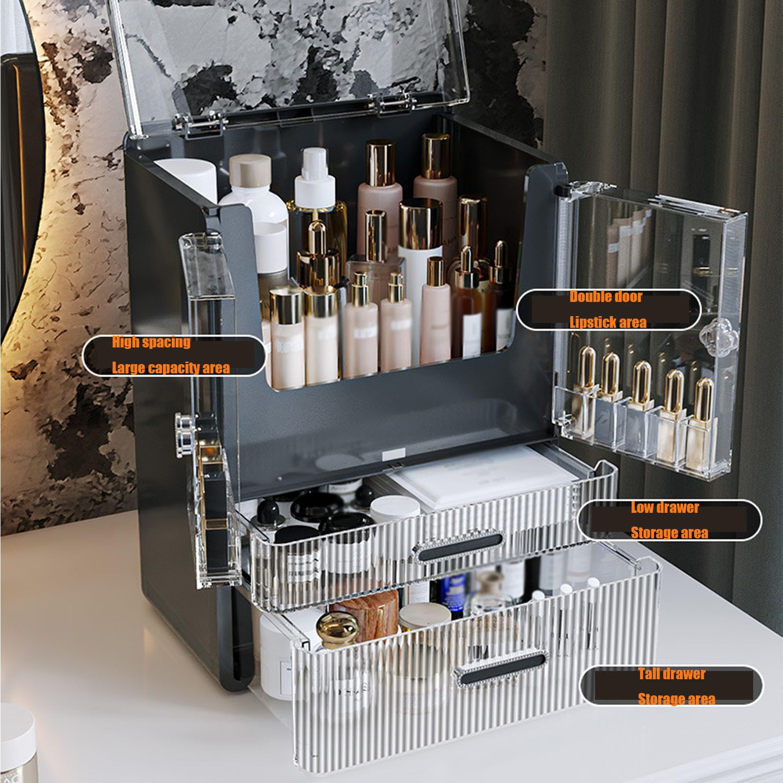 Organizador de Maquillaje Vanity Maquillaje Caja de Almacenamiento de cosméticos Cajones con Tapa de Doble Puerta Transparente Vitrinas portátiles Impermeables a Prueba de Polvo,Negro