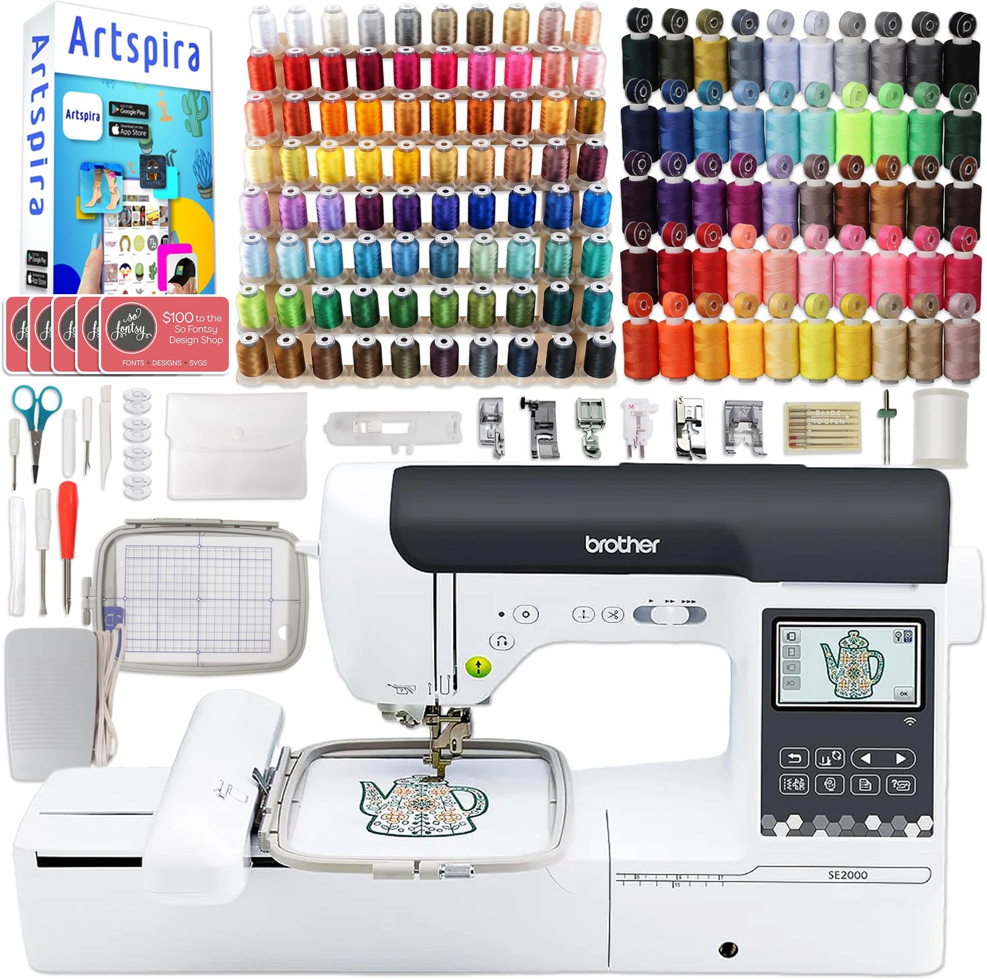 Brother SE2000 5" x 7" Combo Embroidery & Sewing Machine with Deluxe 130 Thread Spools & Accessories