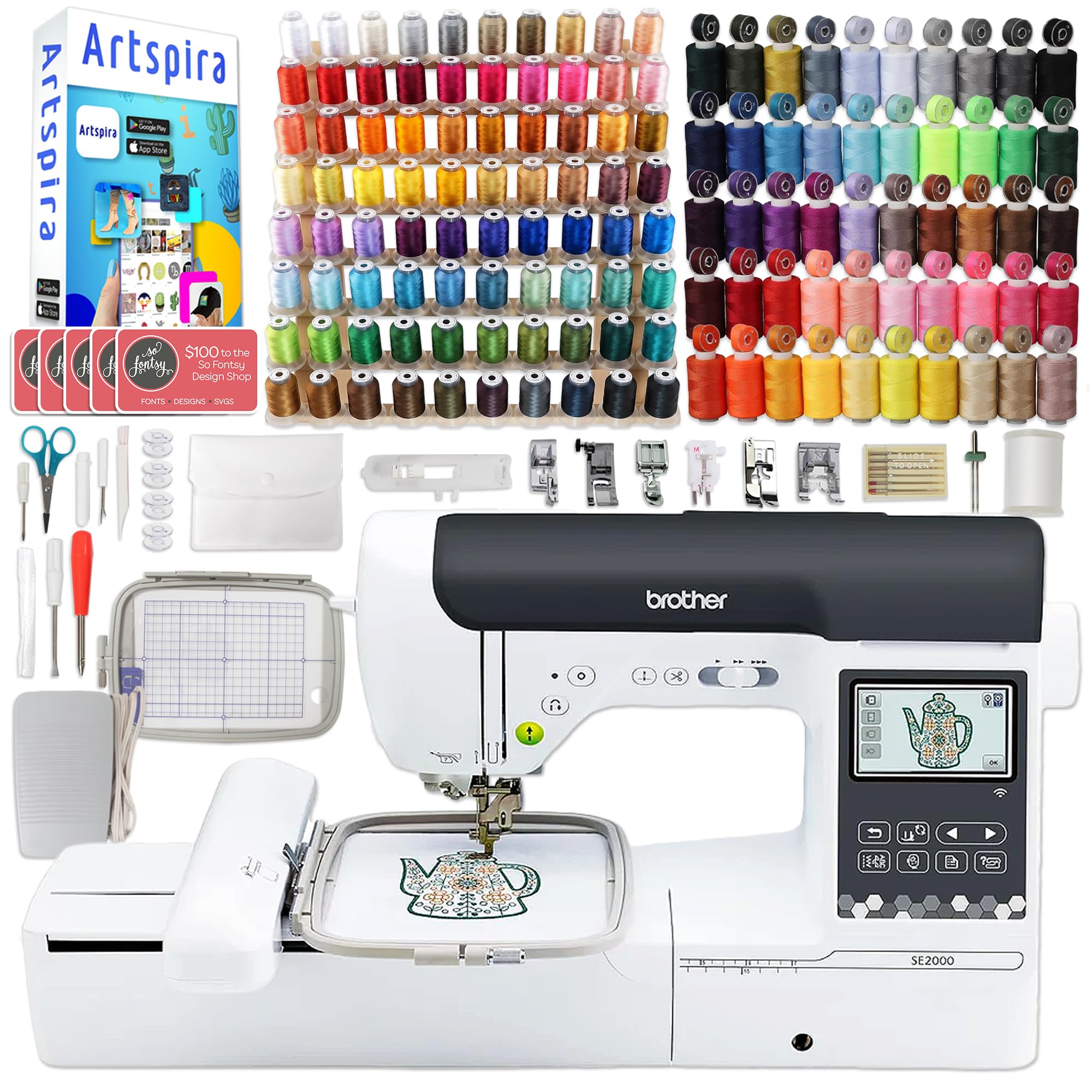 SE2000 5" x 7" Combo Embroidery & Sewing Machine with Deluxe 130 Thread Spools & Accessories