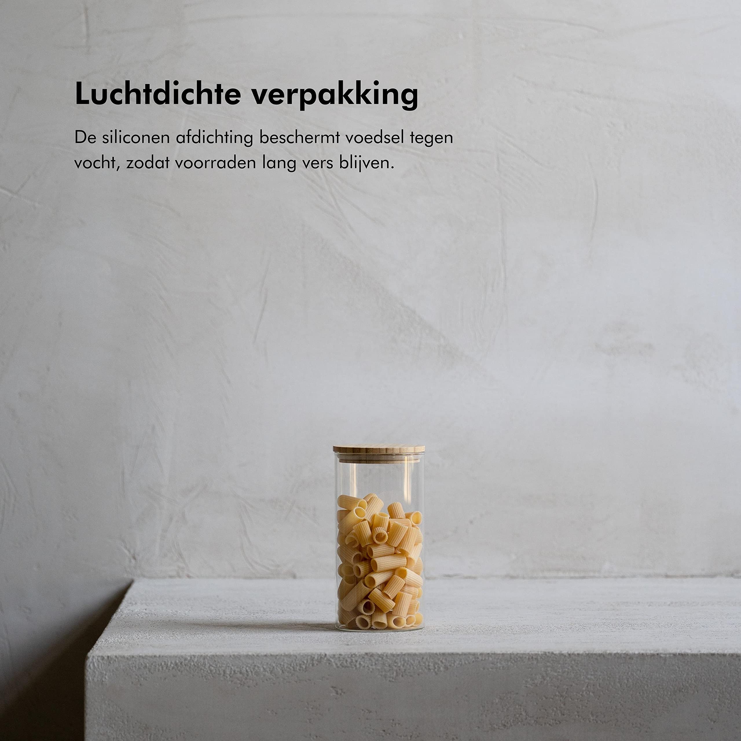 HomArtist Vierkante glazen potten met bamboe deksels, 5 stuks glazen voorraaddozen met deksel, glazen containers met luchtdichte deksels, glazen voedselopslagcontainers voor meel, suiker, pasta