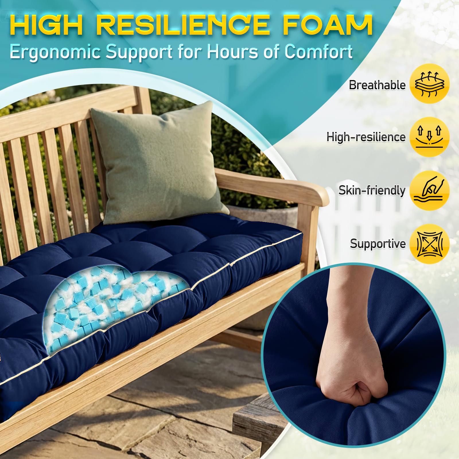 Outdoor Bench Cushion, Tufted Patio Seat Pad for Garden Bench, Porch Swing, Indoor/Outoor Furniture (Blue, 122X46X10cm) - 5