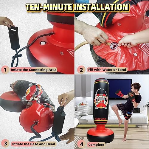 Miniatura 5 de Juego de saco de boxeo inflable, saco de boxeo de 66 pulgadas para niños y niñas de 8 a 12 años con guantes de boxeo para niños, súper bomba de