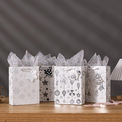 Miniatura 5 de OfficeCastle Paquete de 4 bolsas grandes de regalo de Navidad con papel de seda, bolsas de papel plateado de 13 pulgadas con asas, 10 x 4 x 13