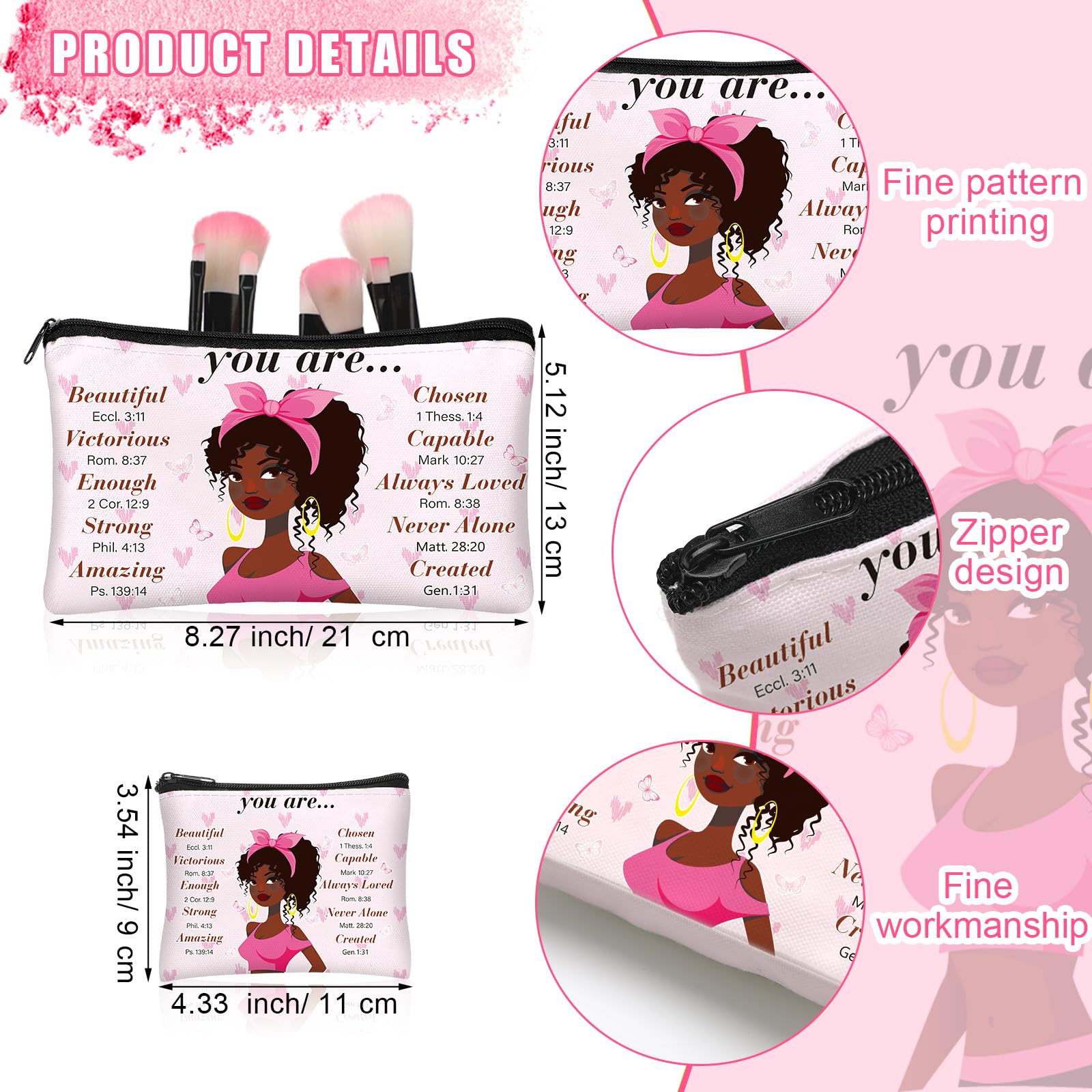 Silkfly 12 Pcs African American Cosmetic Bag for Women Bulk Christian Inspirational Gift Makeup Bag for Black Women Afro Queen Zipper Travel Pouch Purses Toiletry Organizer for Mother Day(Novel)