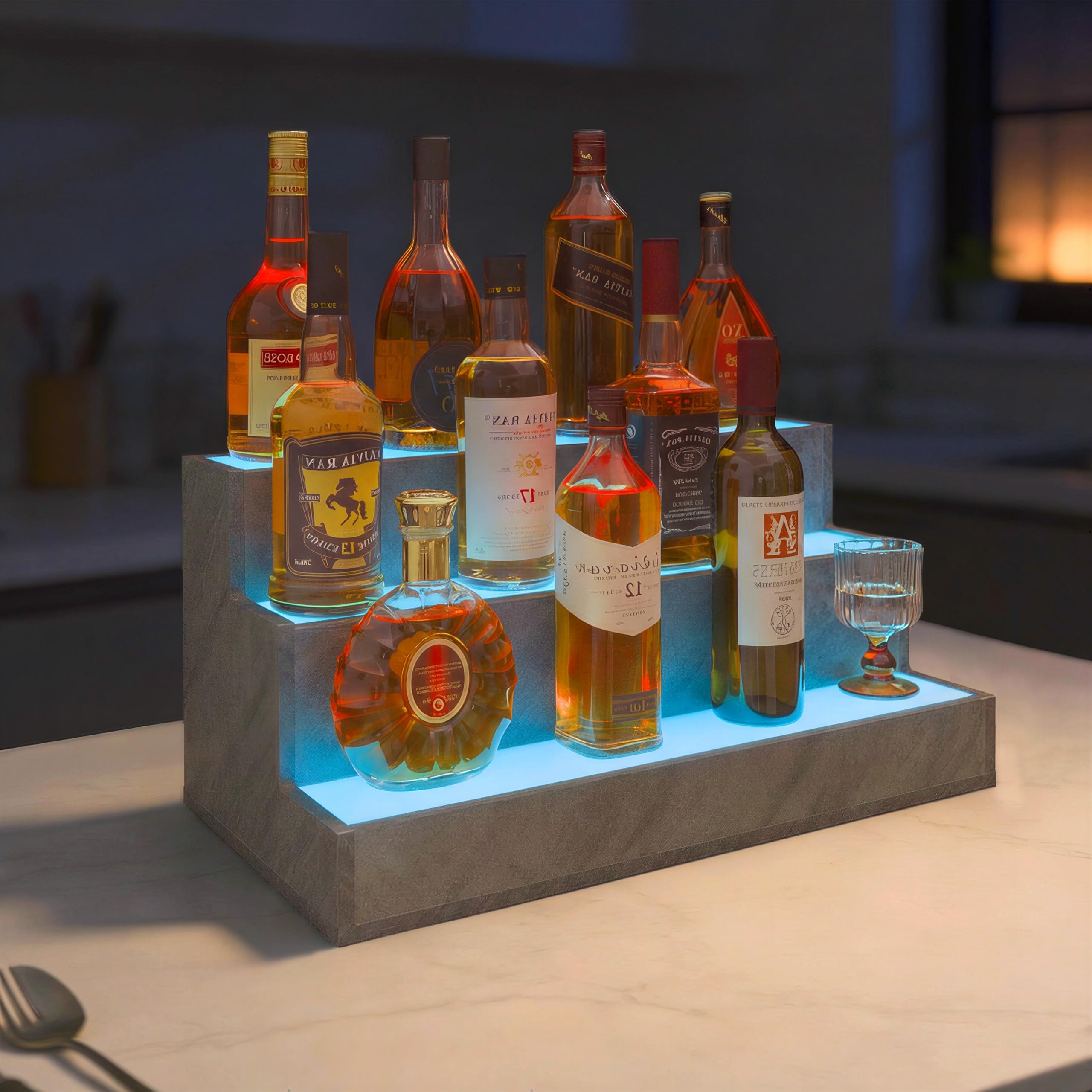 LED Lighted Liquor Bottle Display Shelf, 24 Inch Bar Display Shelf, DIY Illuminated Bottle Shelf App & Remote Control, 3 Step Freestanding Holding Bottles Home Bar, Party, Grey JCFA20-1