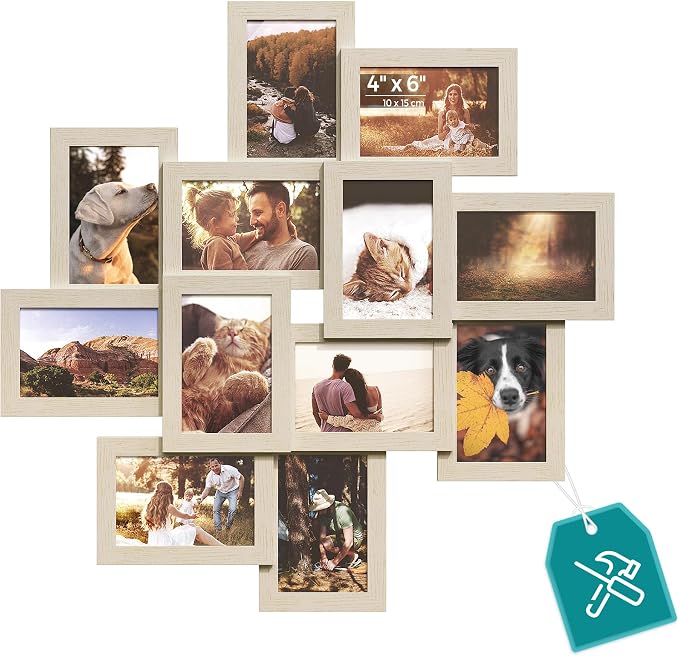 SONGMICS 4x6 Collage Picture Frames, 12-Pack Photo Collage Frame for Wall Decor, Glass Front, Assembly Required, Natural Beige