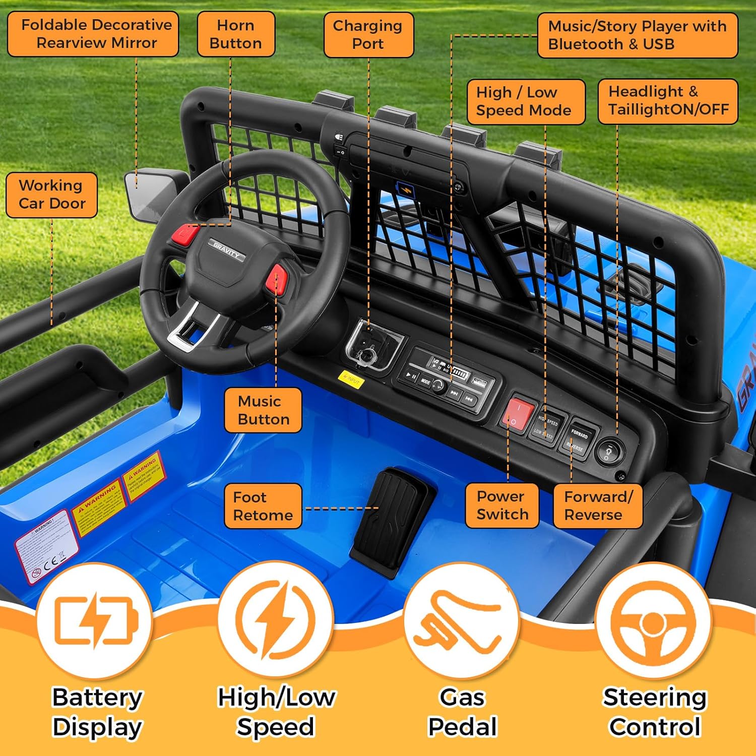 Hikole 24V 2 Seater Ride On Car for Kids with Remote Control, 4X4 400W XL Power Truck Wheels with 20" Wide Seat, Soft Start, 3 Speeds, Music, Bluetooth, 24 Volt Ride On Toys for Girls Boys 3-8, Blue