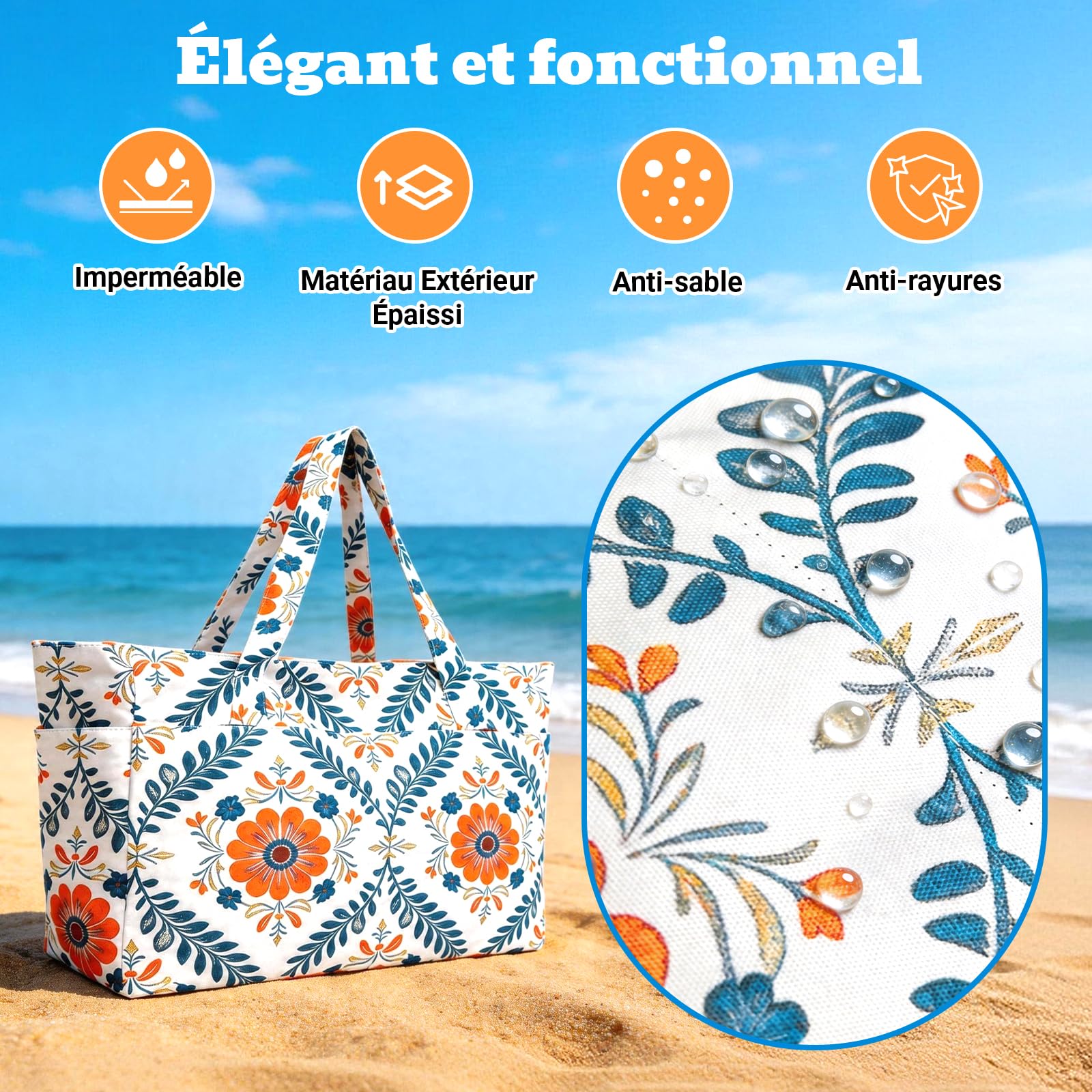 Hap Tim Grand Sac de Plage XXL Femme Famille – Sac Cabas avec Fermeture Éclair et Compartiment Mouillé, Sac Étanche Imperméable Anti-Sable, Sac de Voyage pour Vacances Piscine Sport