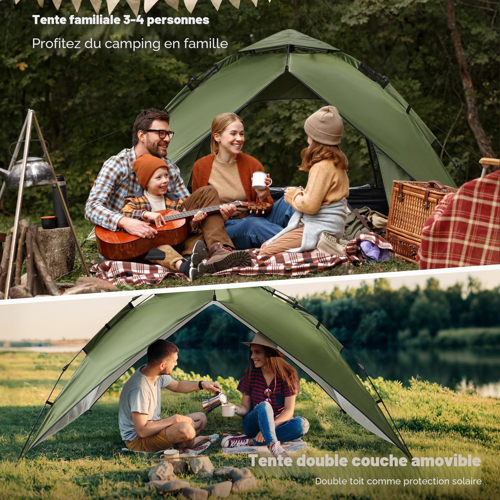 Tente de Camping Automatique 4 Personnes Pop up Famille Tente 230 * 230 * 150CM, Protection UV, 4 Saisons 2 en 1 Double Couches étanche pour Le Camping Randonnée
